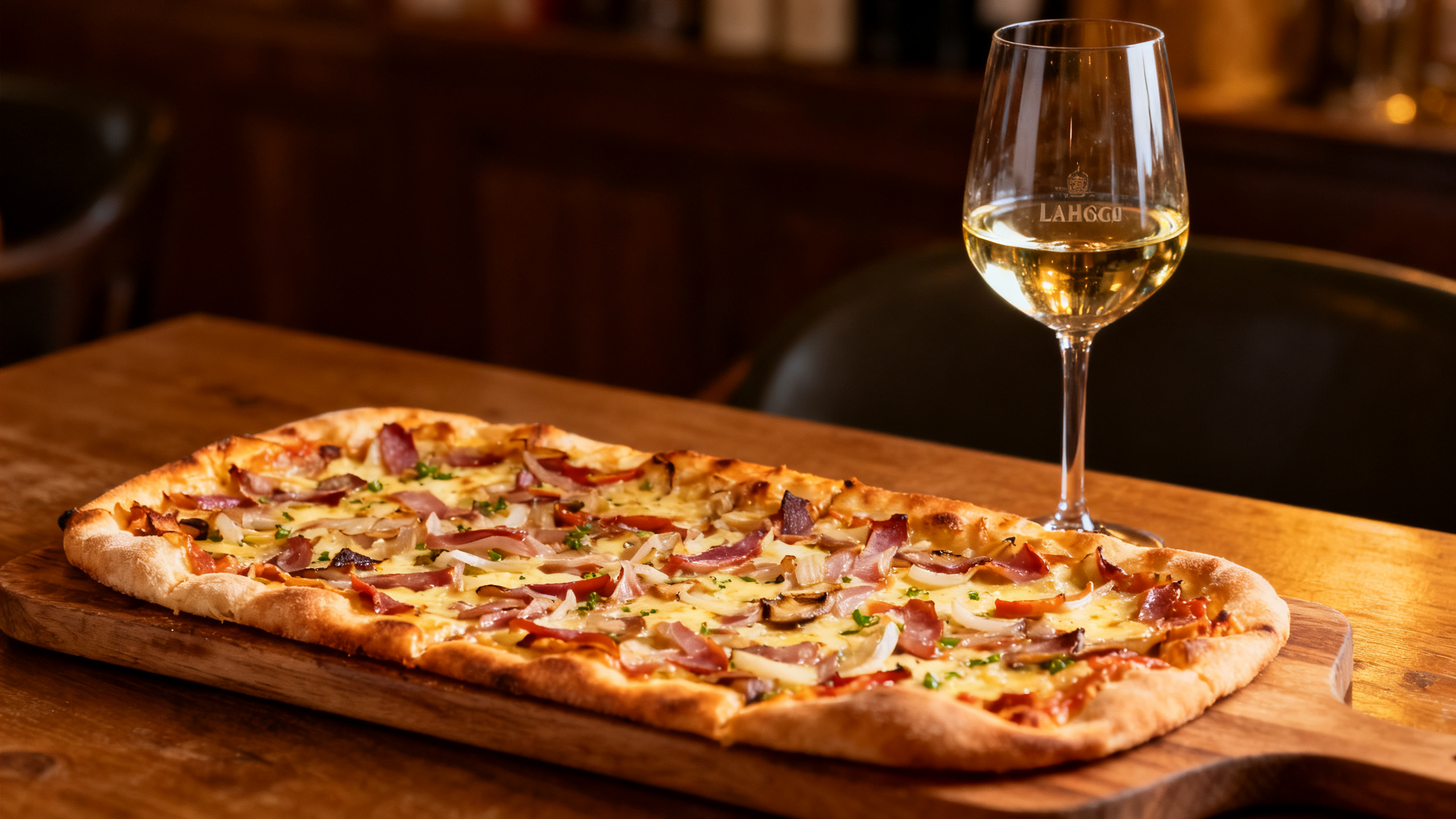 Tarte flambée alsacienne et verre de Pinot Blanc, accord classique