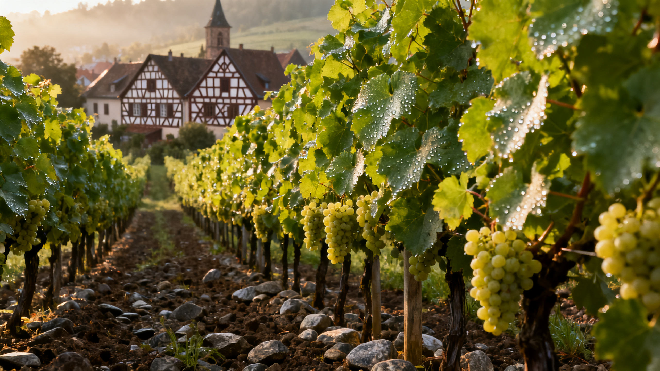 Vignoble de Pinot Blanc en Alsace, coteaux granitiques au coucher du soleil