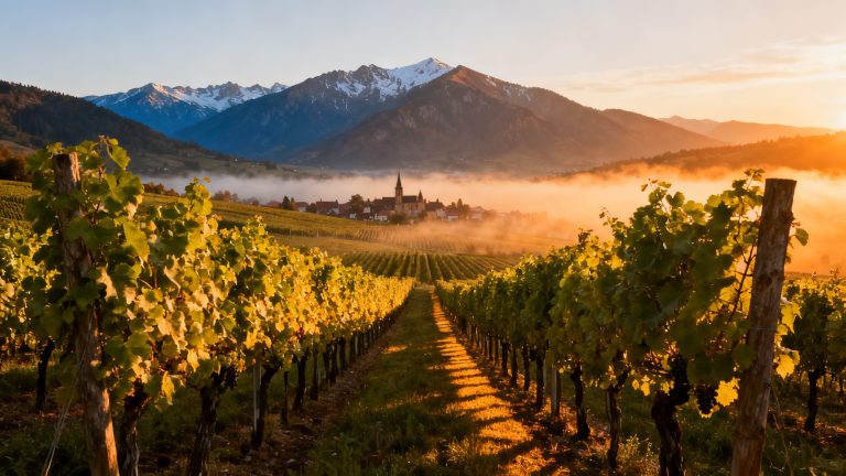 Guide Pinot Blanc — Le Cépage Blanc d'Alsace (Weißburgunder) Vignoble de Pinot Blanc en Alsace, coteaux des Vosges au coucher du soleil