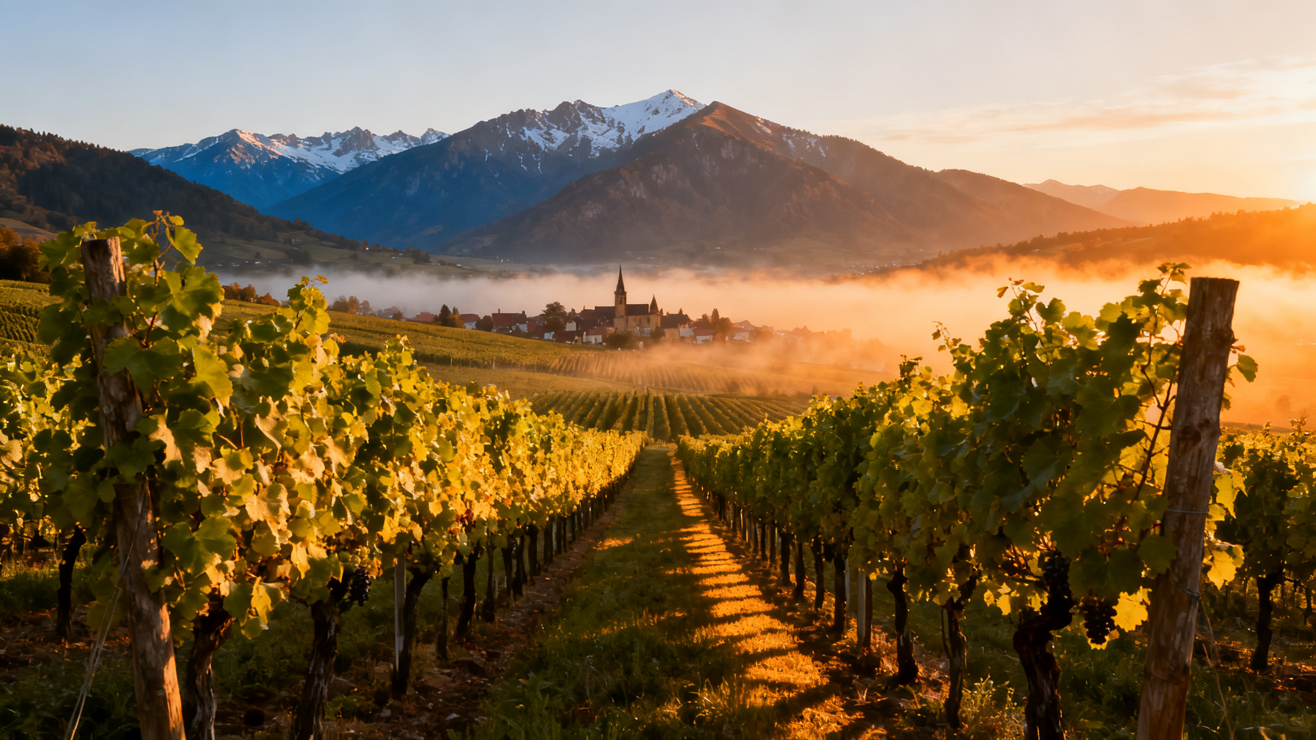 Vignoble de Pinot Blanc en Alsace, coteaux des Vosges au coucher du soleil