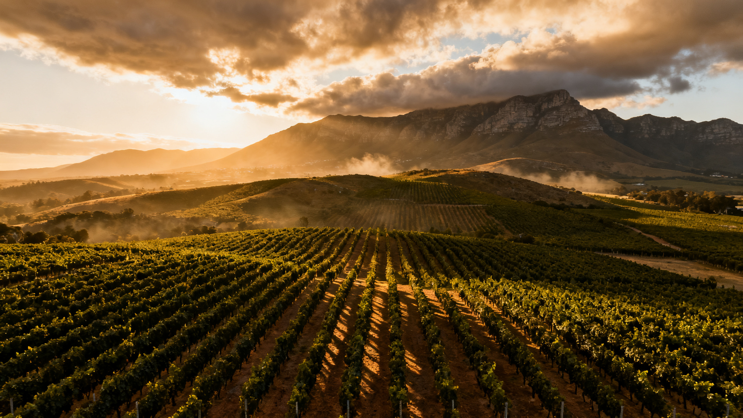 Vignoble de Stellenbosch au coucher du soleil avec les montagnes Helderberg
