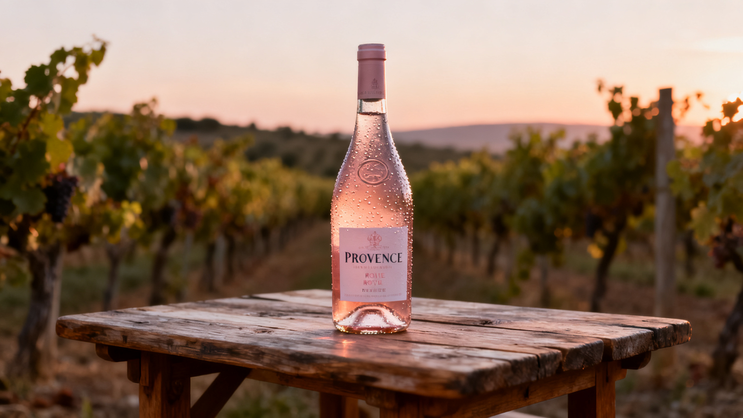 Bouteille de rosé de Provence sur table en bois extérieure, lumière de fin de journée