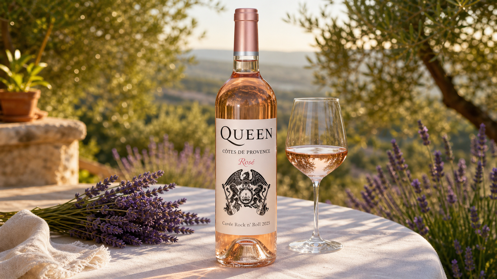 Bouteille Queen Cotes de Provence Rose Cuvee Rock n Roll 2025 sur terrasse provencale avec lavande et verre de rose