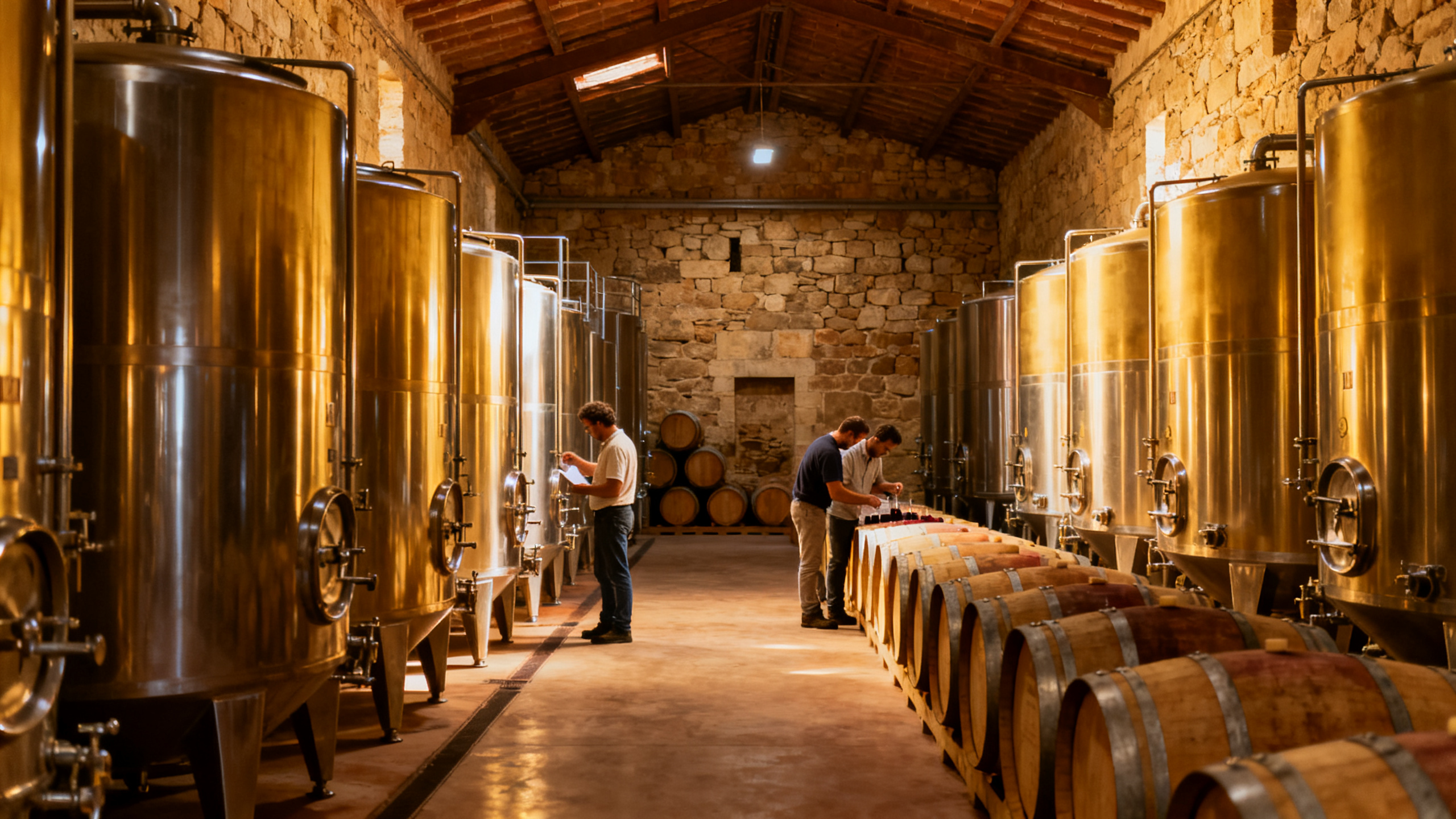 Intérieur d'une cave coopérative du Roussillon avec cuves inox et foudres — restructuration 2026