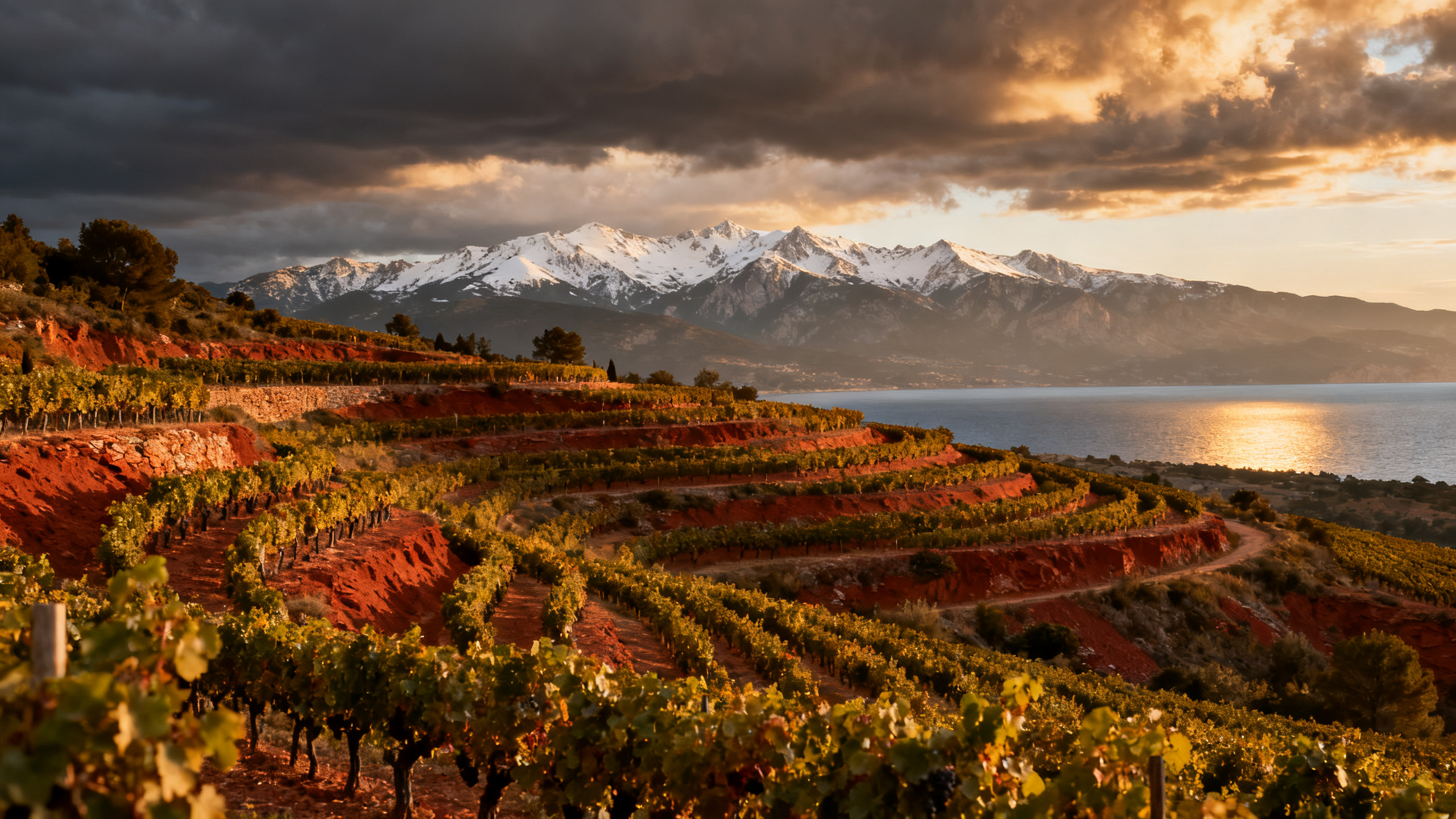 Terrasses de vignes du Roussillon avec les Pyrénées et la Méditerranée, crise viticole et feuille de route 2026