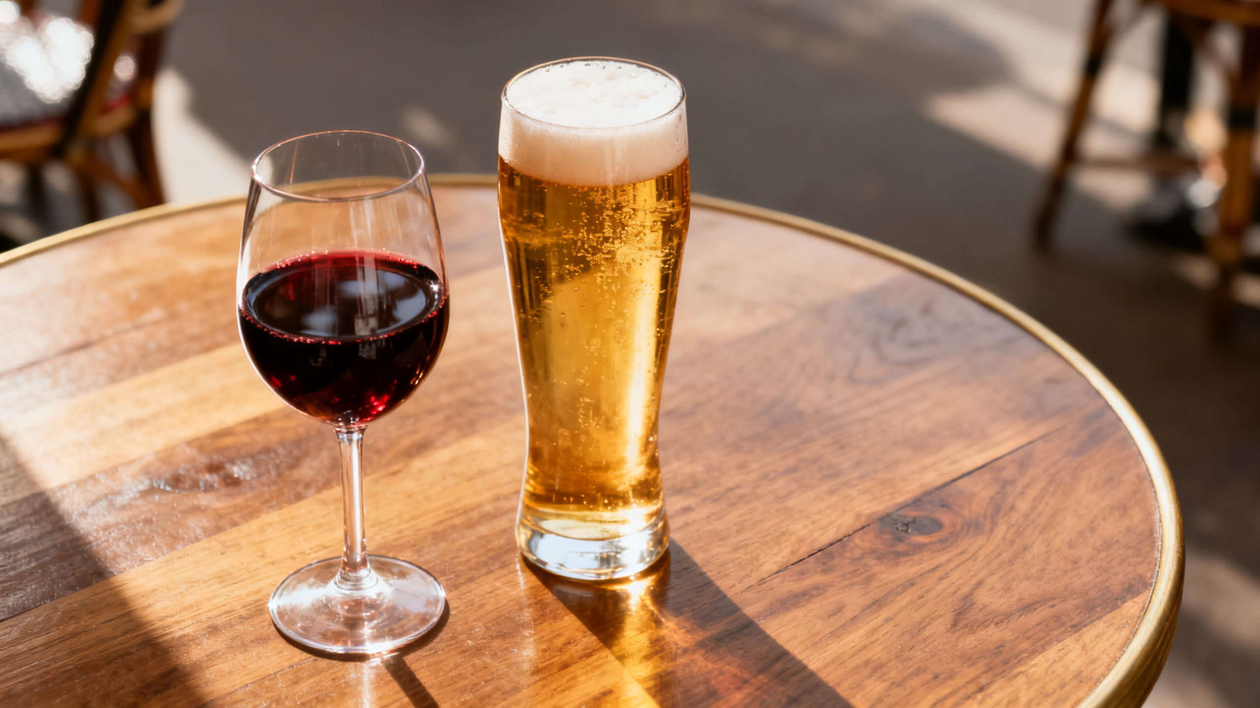 Verre de vin rouge et verre de biere dores sur une table de bistro, symbole de la quasi-parite dans les preferences des Francais