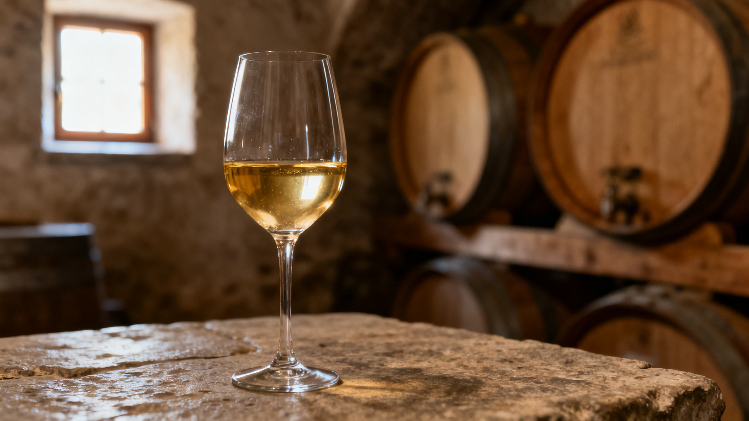 Verre de Sylvaner alsacien dans une cave traditionnelle en pierre