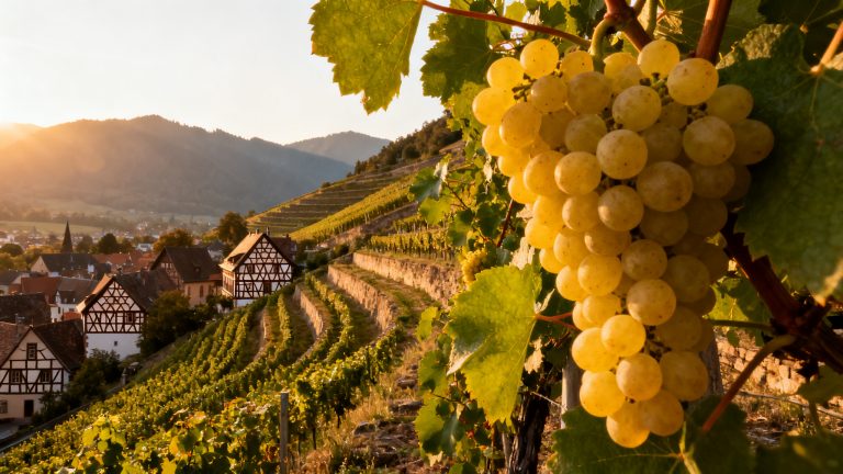 Grappes de Sylvaner sur vigne dans le vignoble alsacien