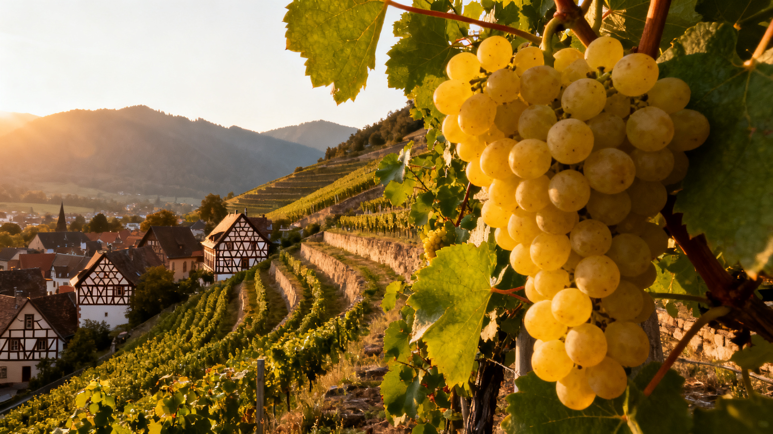 Vignoble alsacien en automne, grappes de Sylvaner sur la vigne