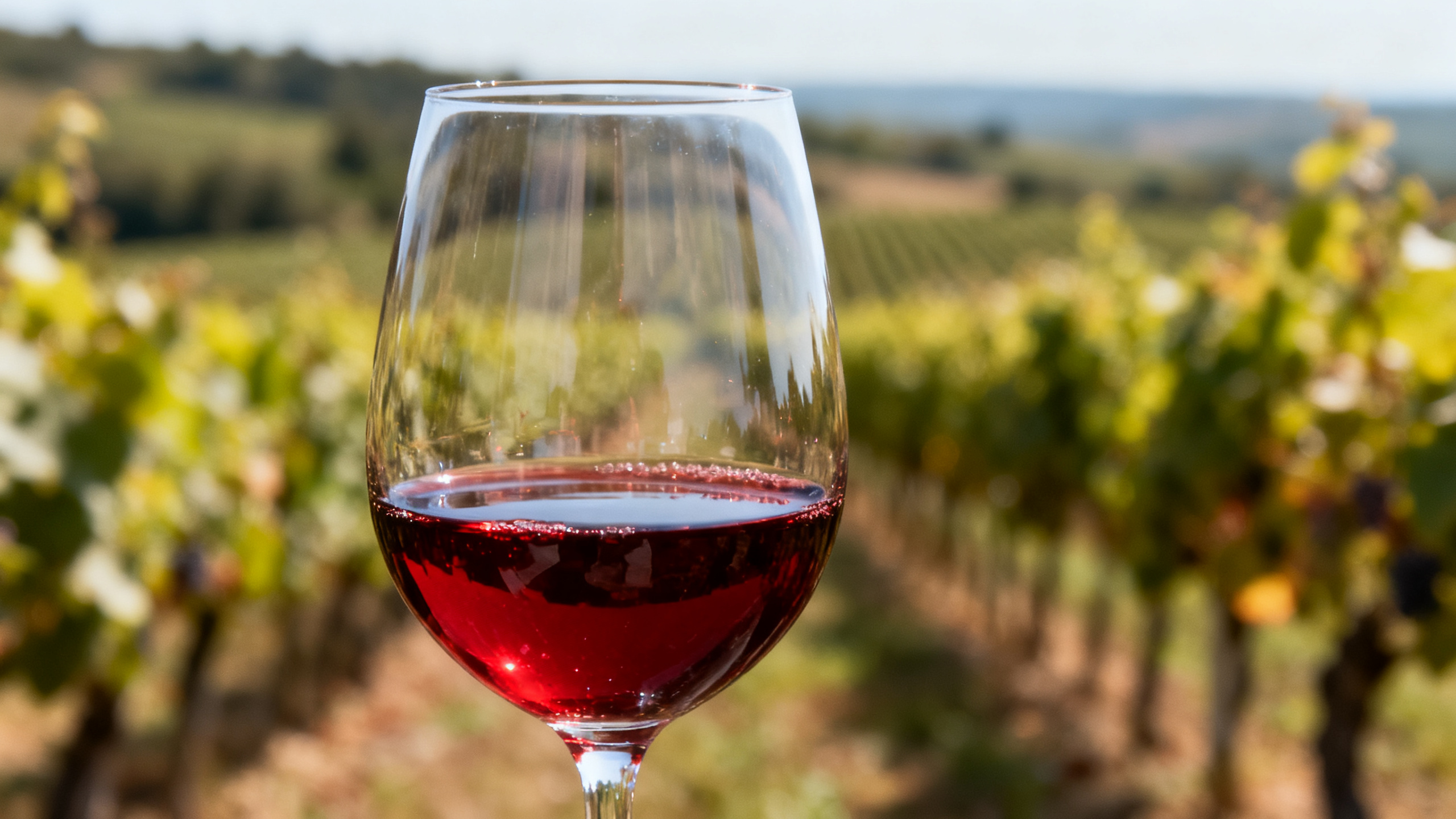 Verre de Beaujolais Gamay rouge rubis transparent, vignoble en arrière-plan
