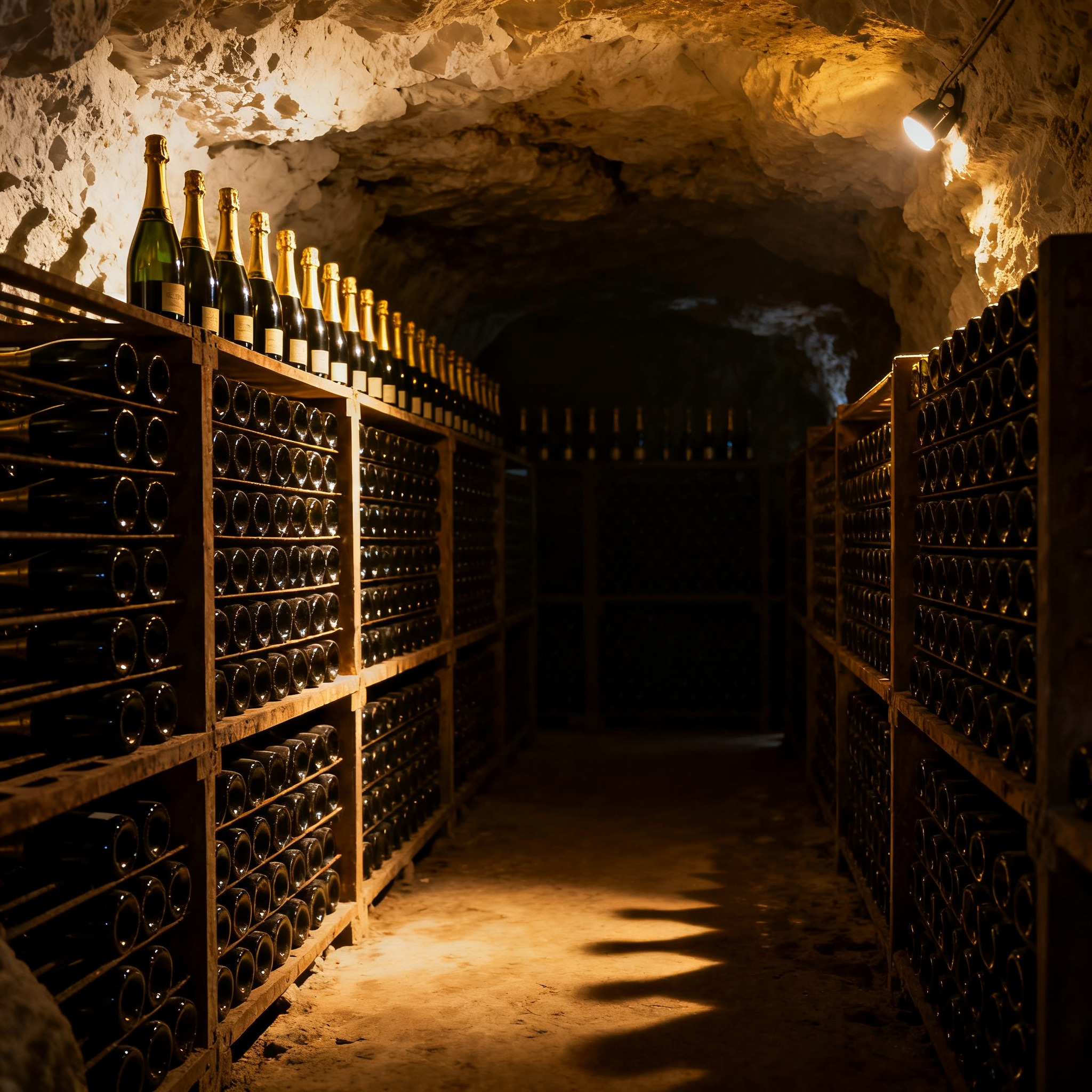 Cave champenoise traditionnelle — pupitres de remuage et bouteilles vieillissant dans les caves crayeuses