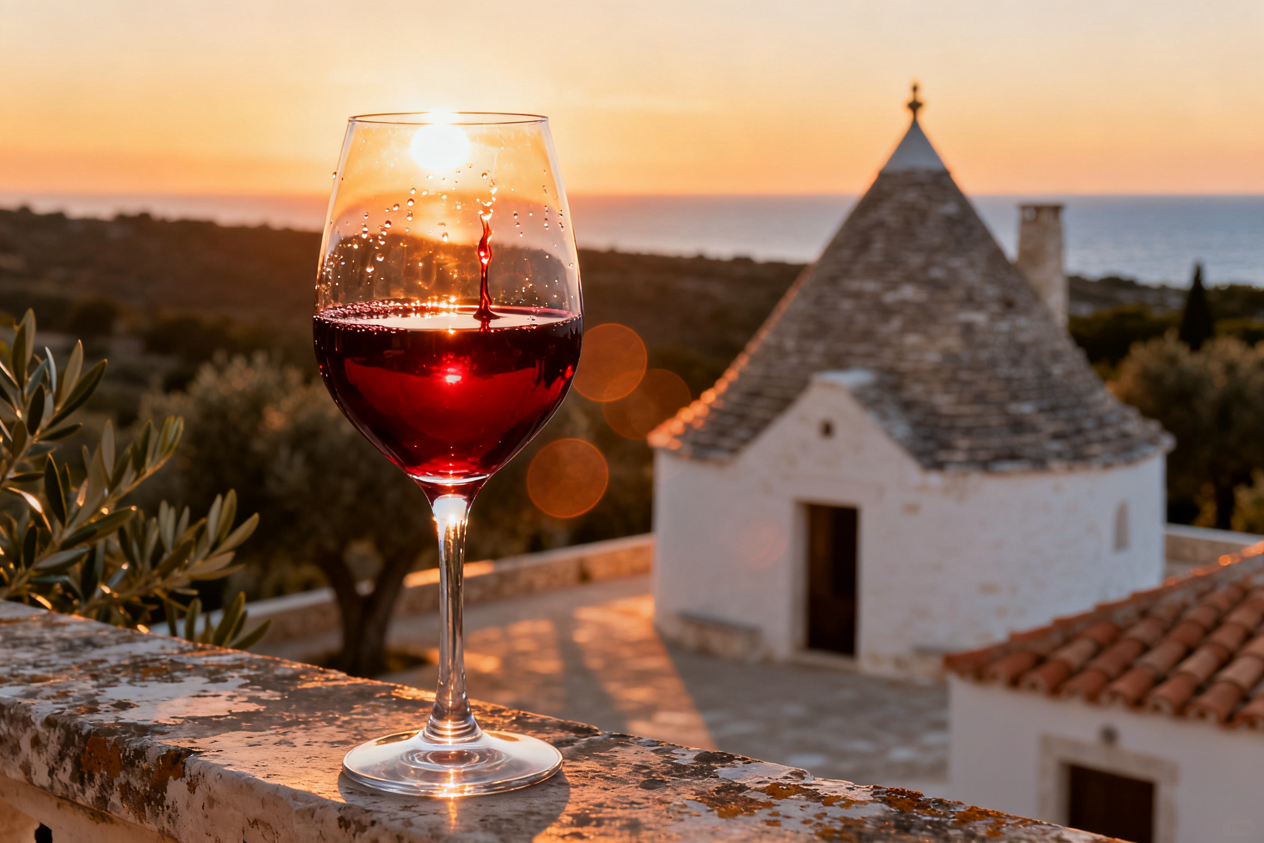 Verre de Primitivo di Manduria, vin rouge profond des Pouilles, terrasse méditerranéenne