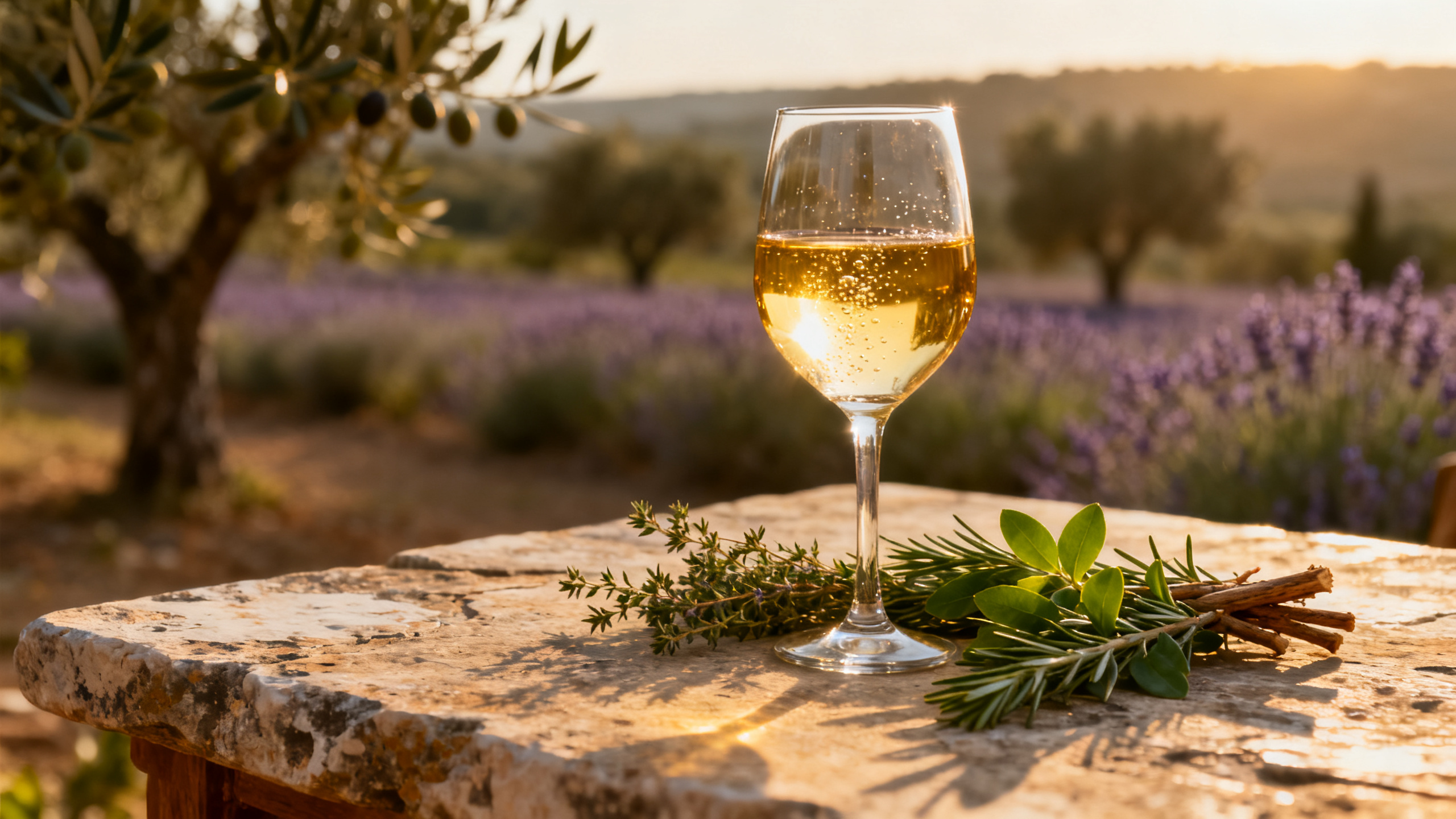 Verre de Grenache Blanc doré, garrigue en arrière-plan