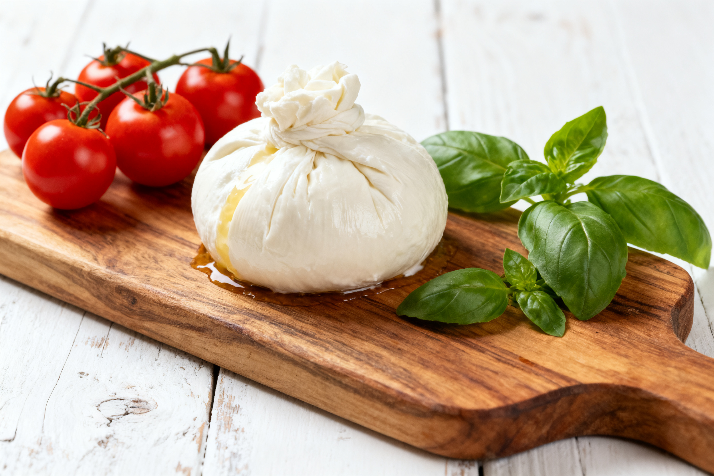 Burrata di Andria crémeuse sur planche bois, spécialité des Pouilles
