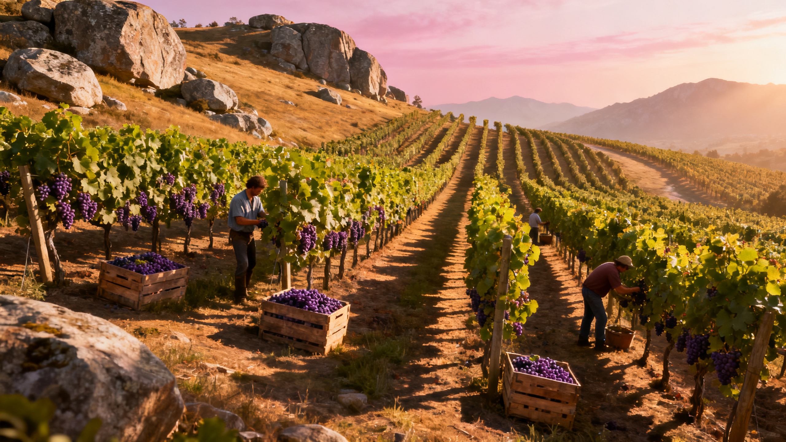 Vignoble du Beaujolais sur terroir granitique au coucher du soleil, collines couvertes de Gamay