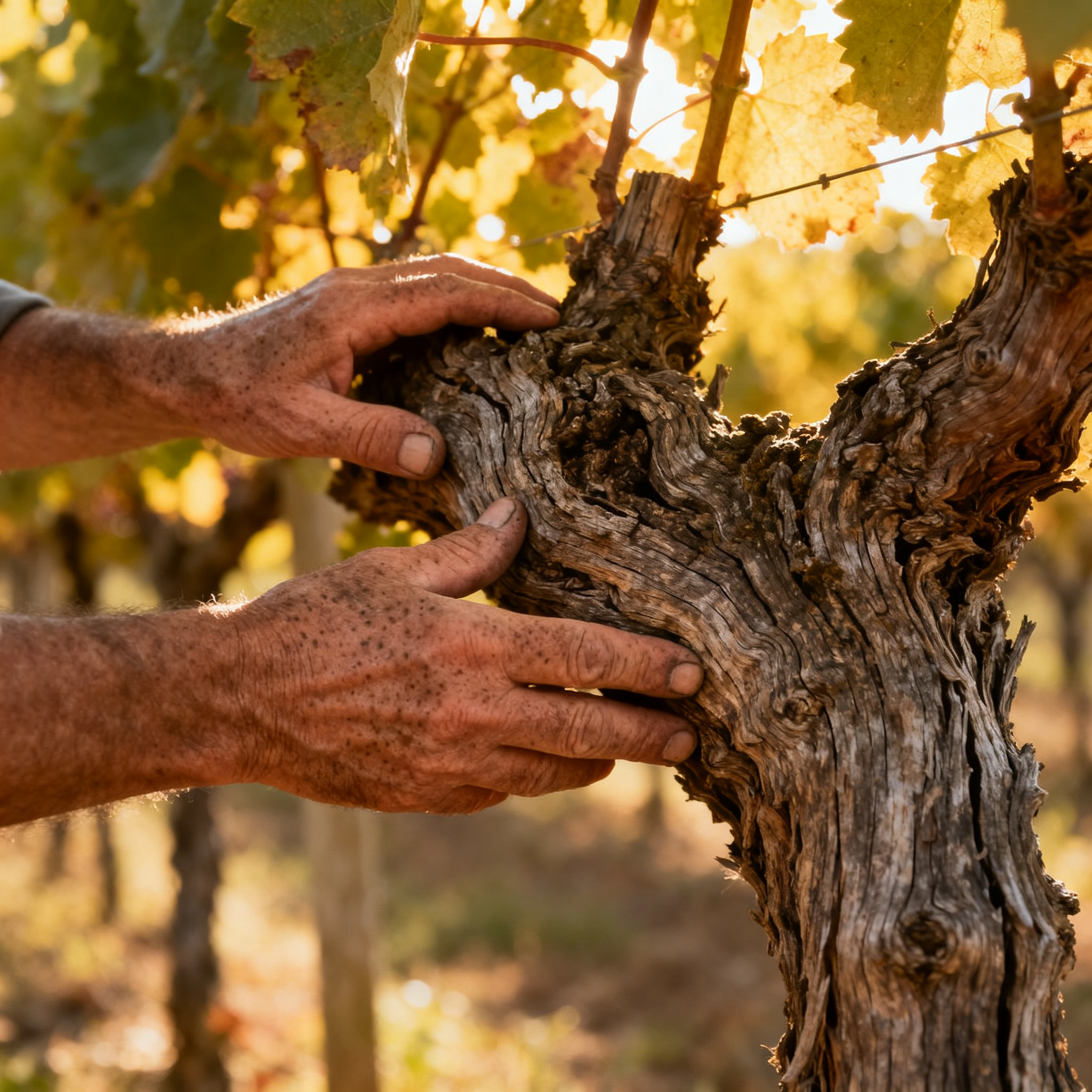 Les mains dun vigneron posées sur un vieux cep de vigne au bois rugueux et noueux