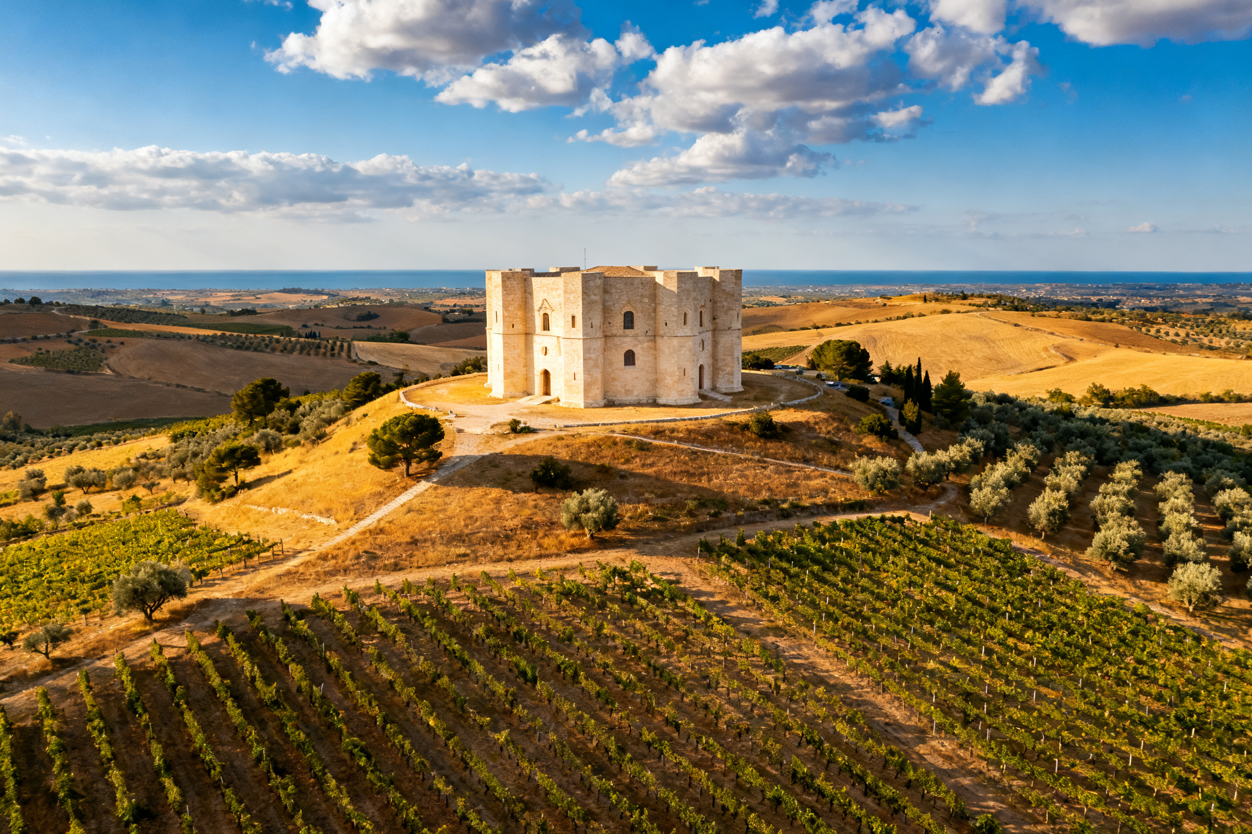 Château médiéval de Castel del Monte entouré de vignobles, Puglia