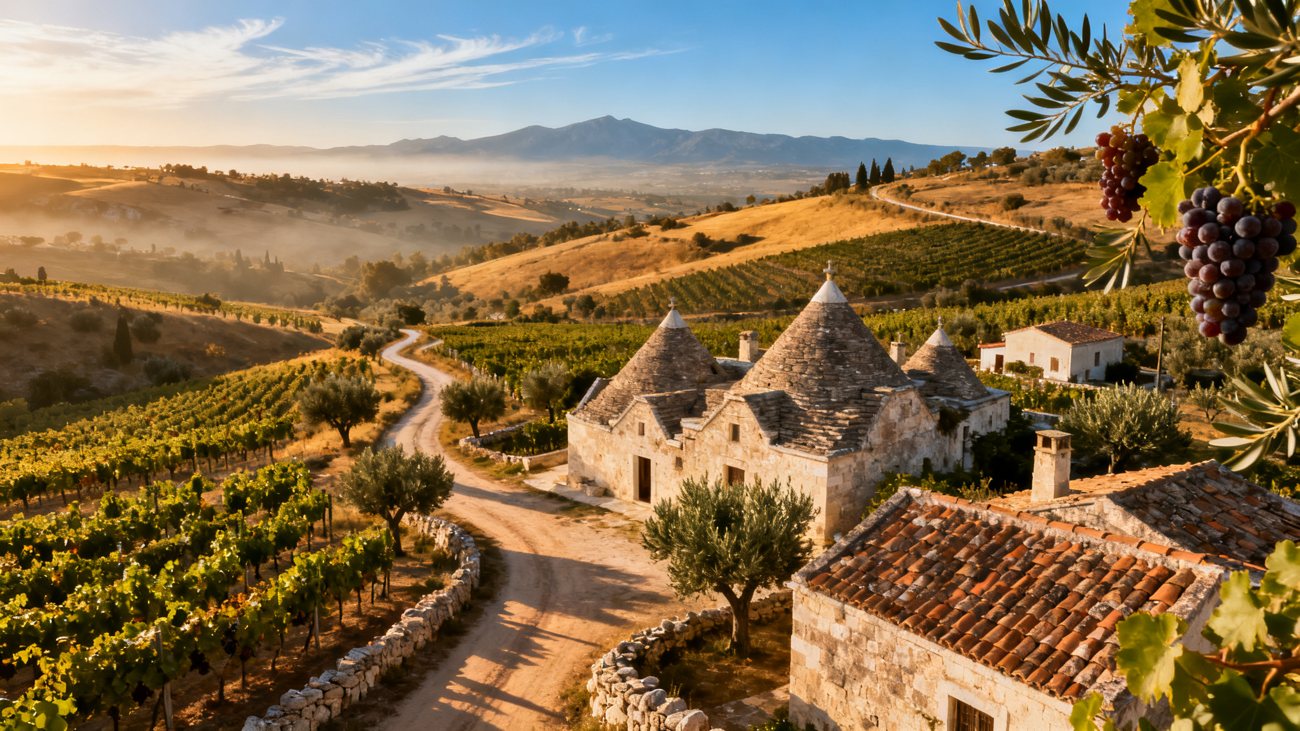 Vignoble panoramique des Pouilles (Puglia) avec trulli et oliviers