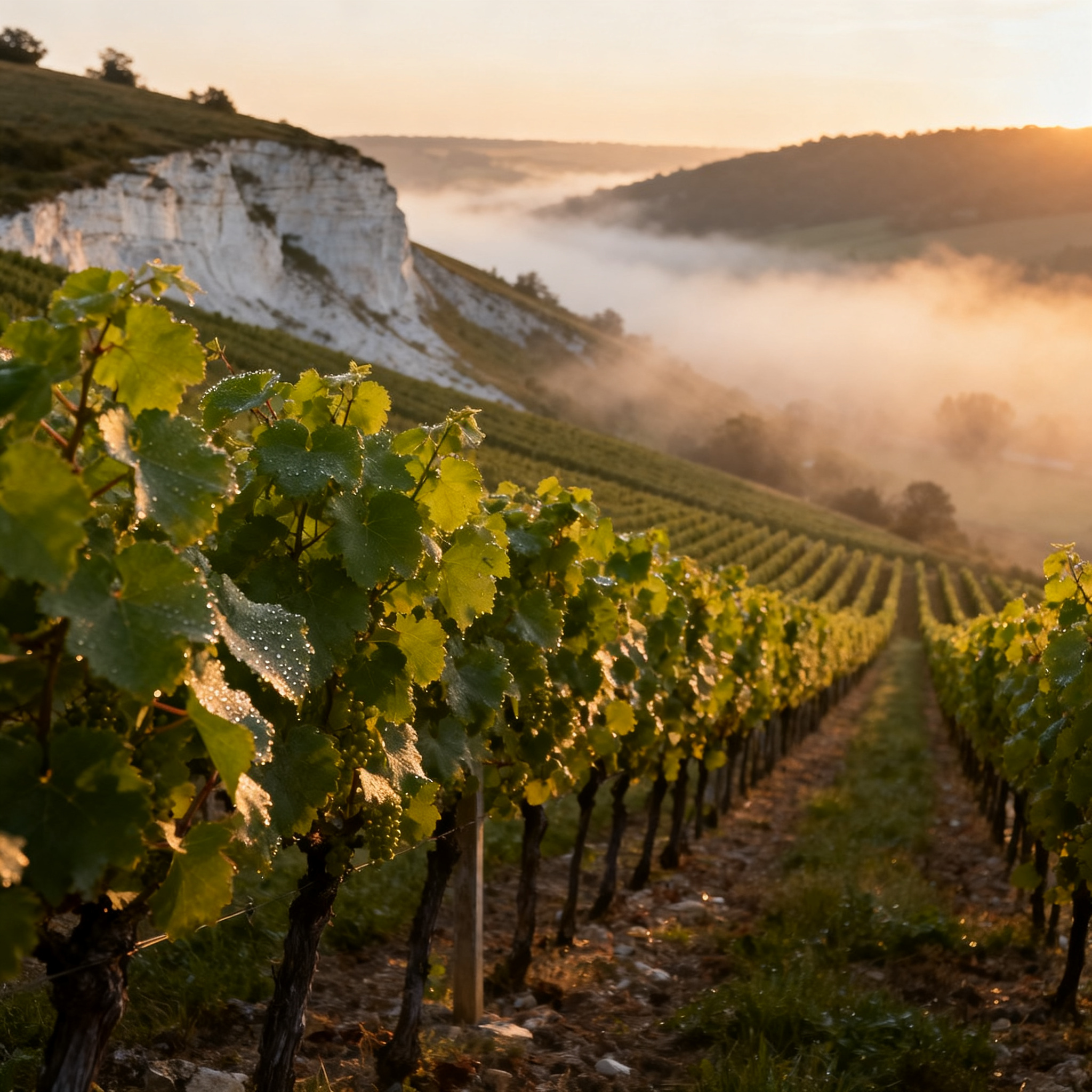 Vignoble de Champagne au lever du soleil, rangées de vignes sur coteaux crayeux