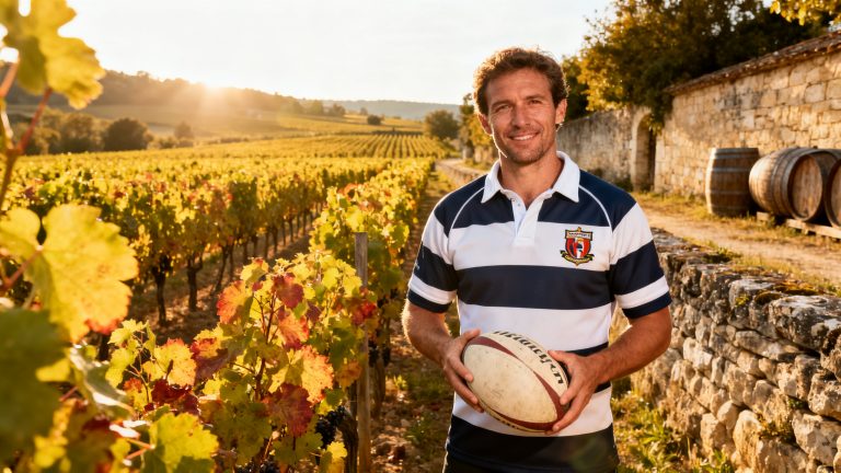 Vigneron en maillot de rugby tenant un ballon ovale dans les vignes de Bergerac Dordogne
