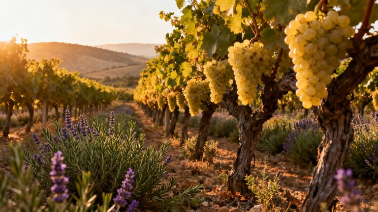 Grappes de Grenache Blanc dans un vignoble méditerranéen au soleil couchant