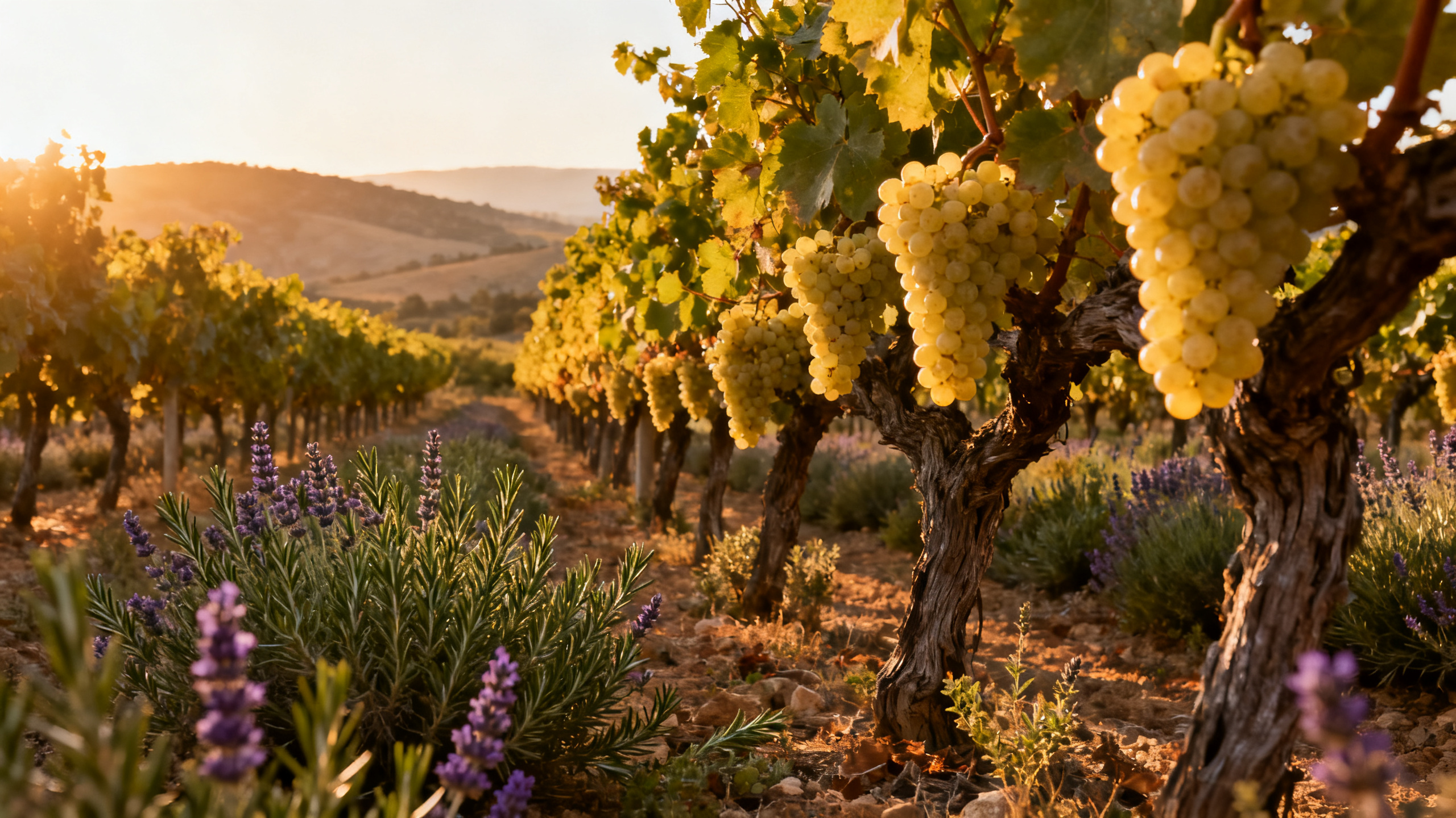 Grappes de Grenache Blanc dans un vignoble méditerranéen au soleil couchant