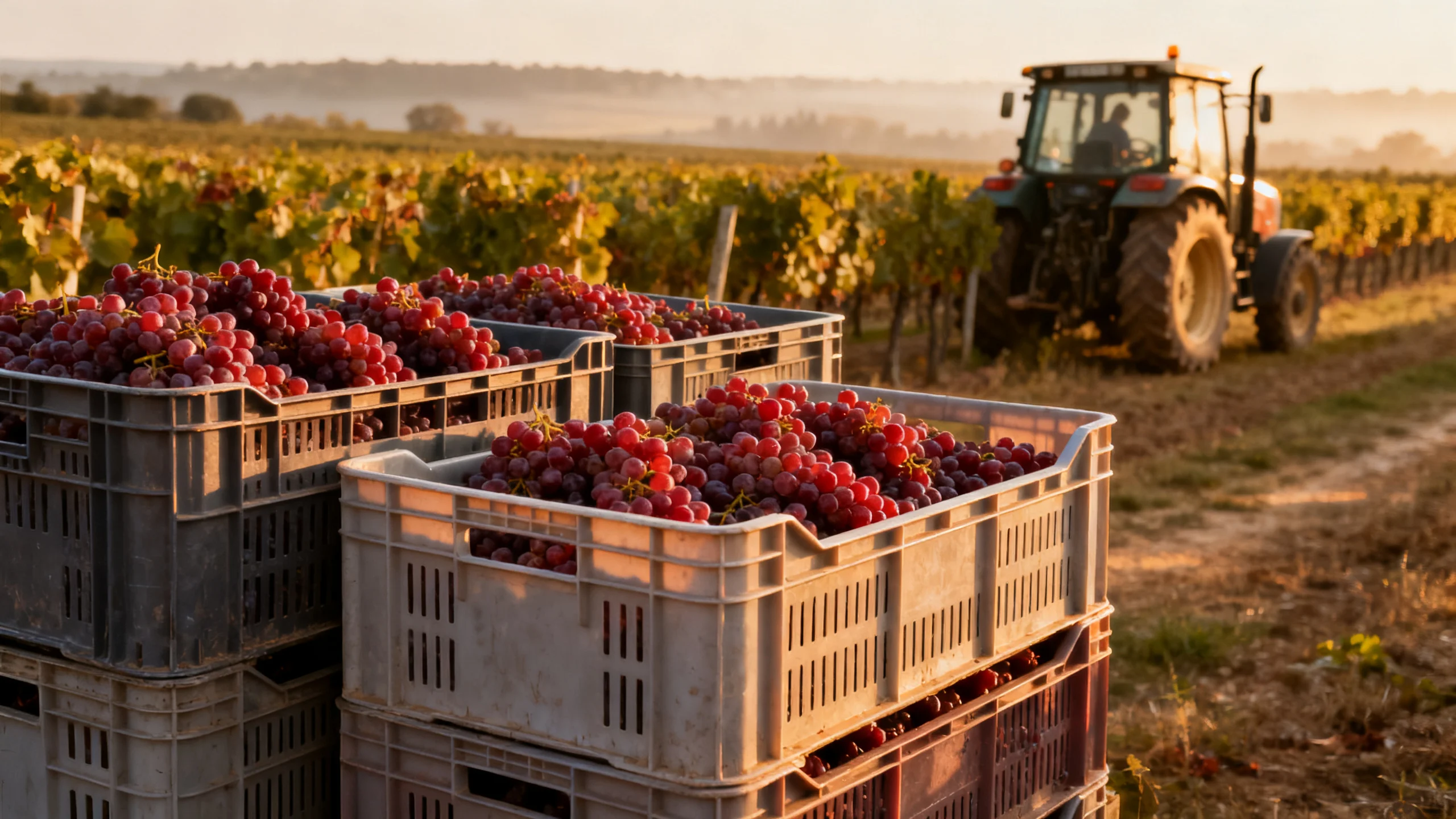 Caisses de raisin récoltées alignées dans un vignoble français lors des vendanges 2026