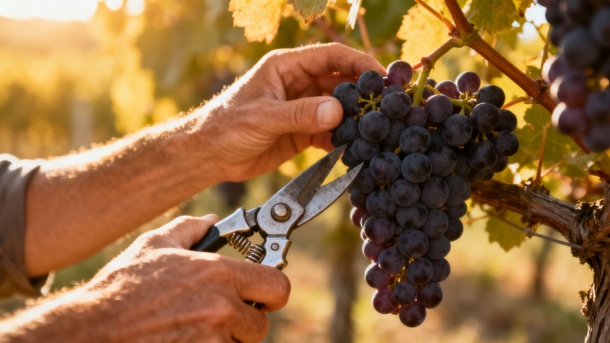 Gros plan sur une grappe de raisin mûre lors des vendanges 2026