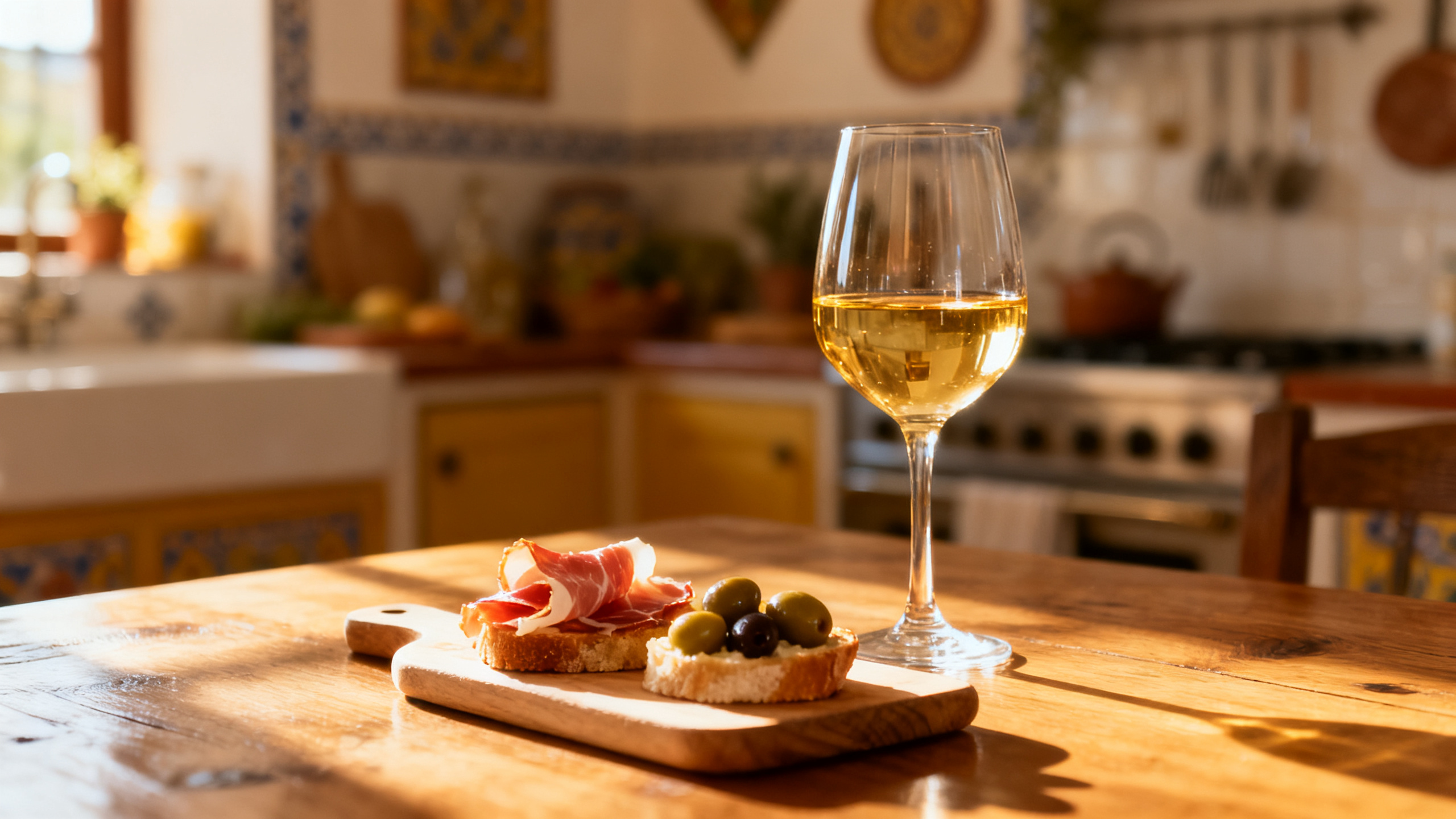 Verre de vin blanc Verdejo frais accompagné de tapas espagnoles, dégustation estivale ensoleillée