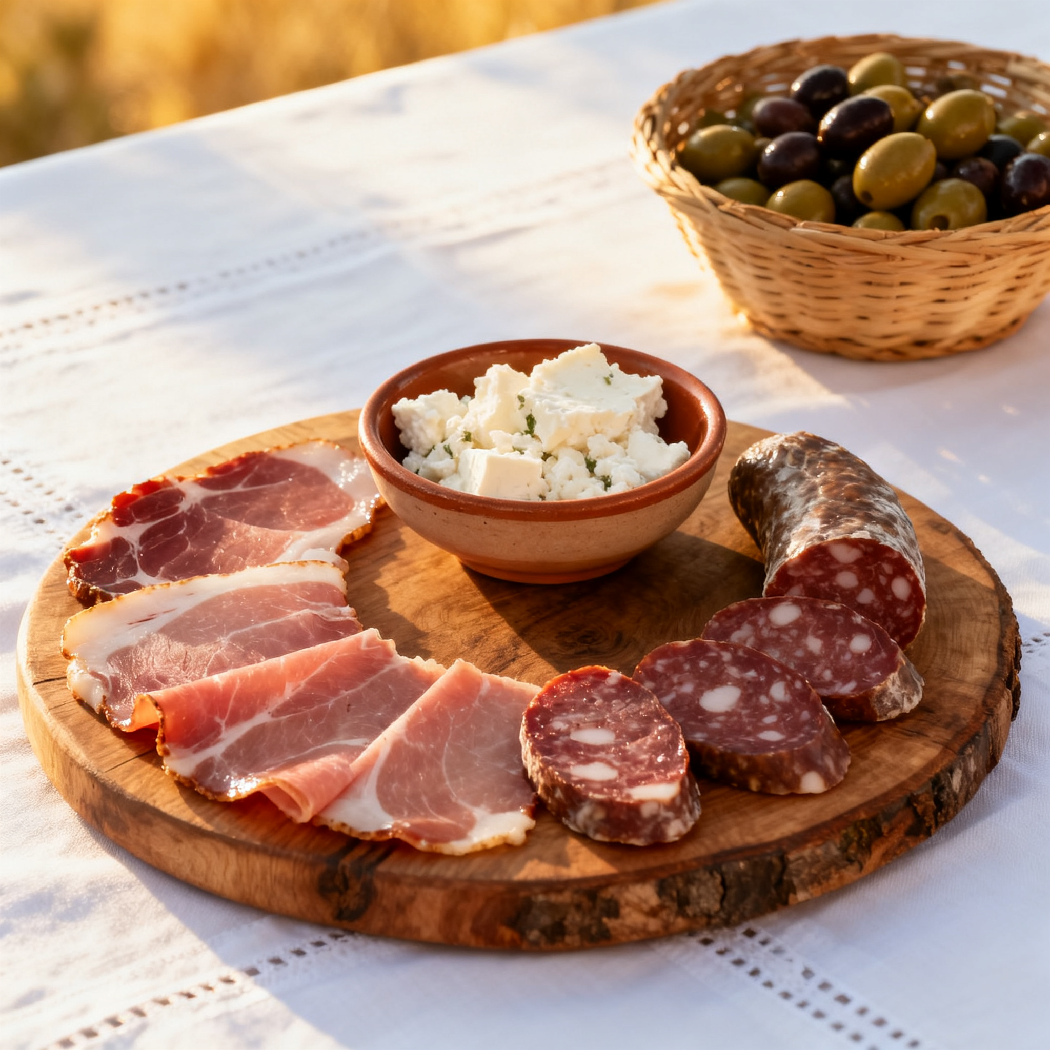 Plateau charcuterie corse avec Vermentinu — coppa, lonza, brocciu