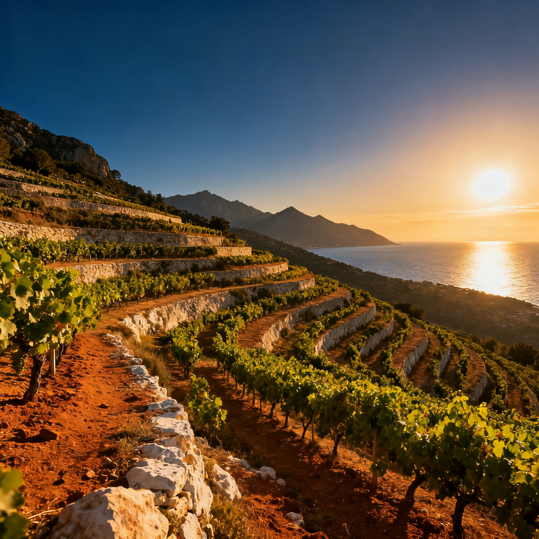 Vignoble de Patrimonio en Corse — terrasses argilo-calcaires face au golfe de Saint-Florent