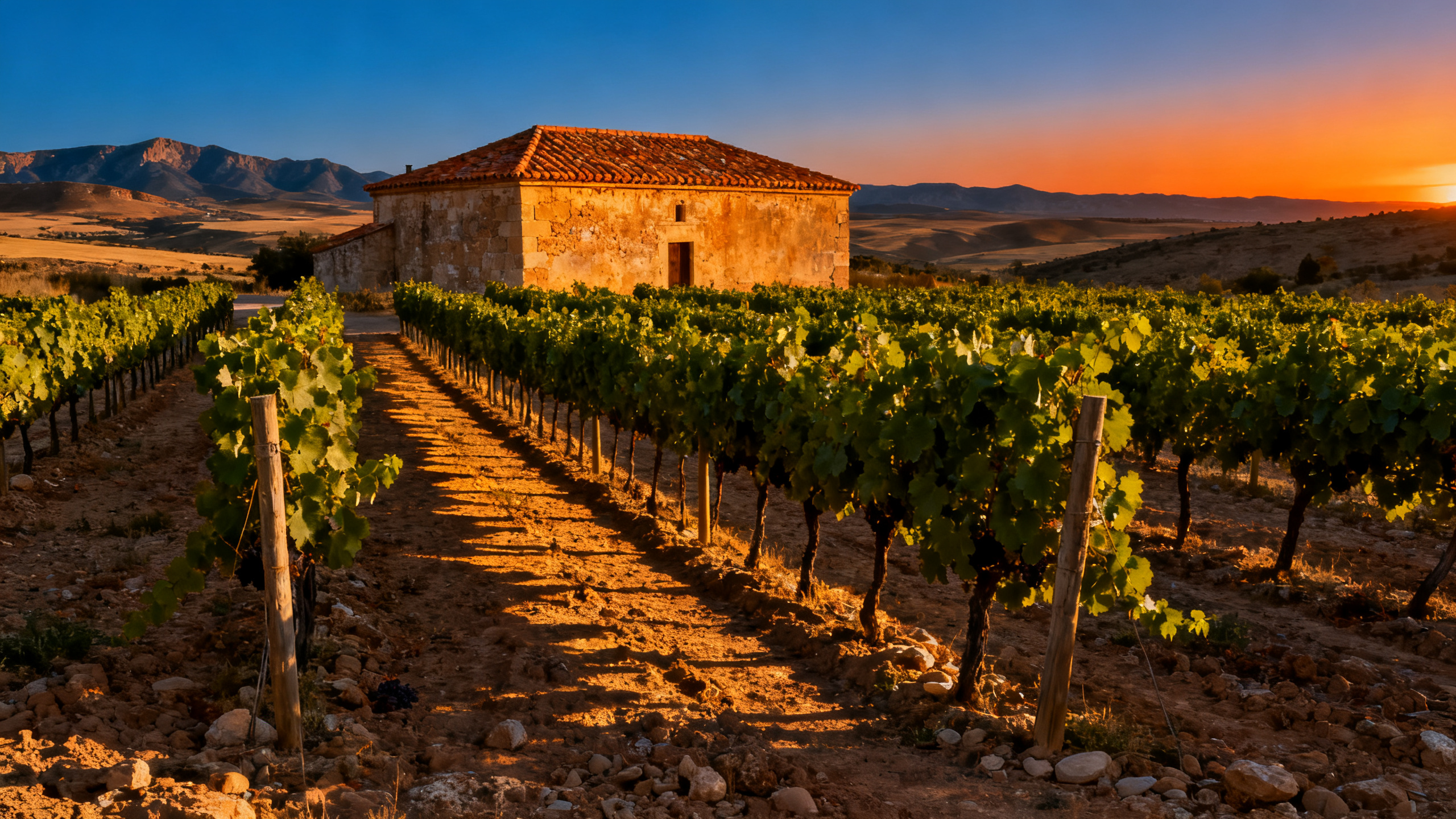 Vignoble Ribera del Duero au coucher du soleil, Espagne viticole