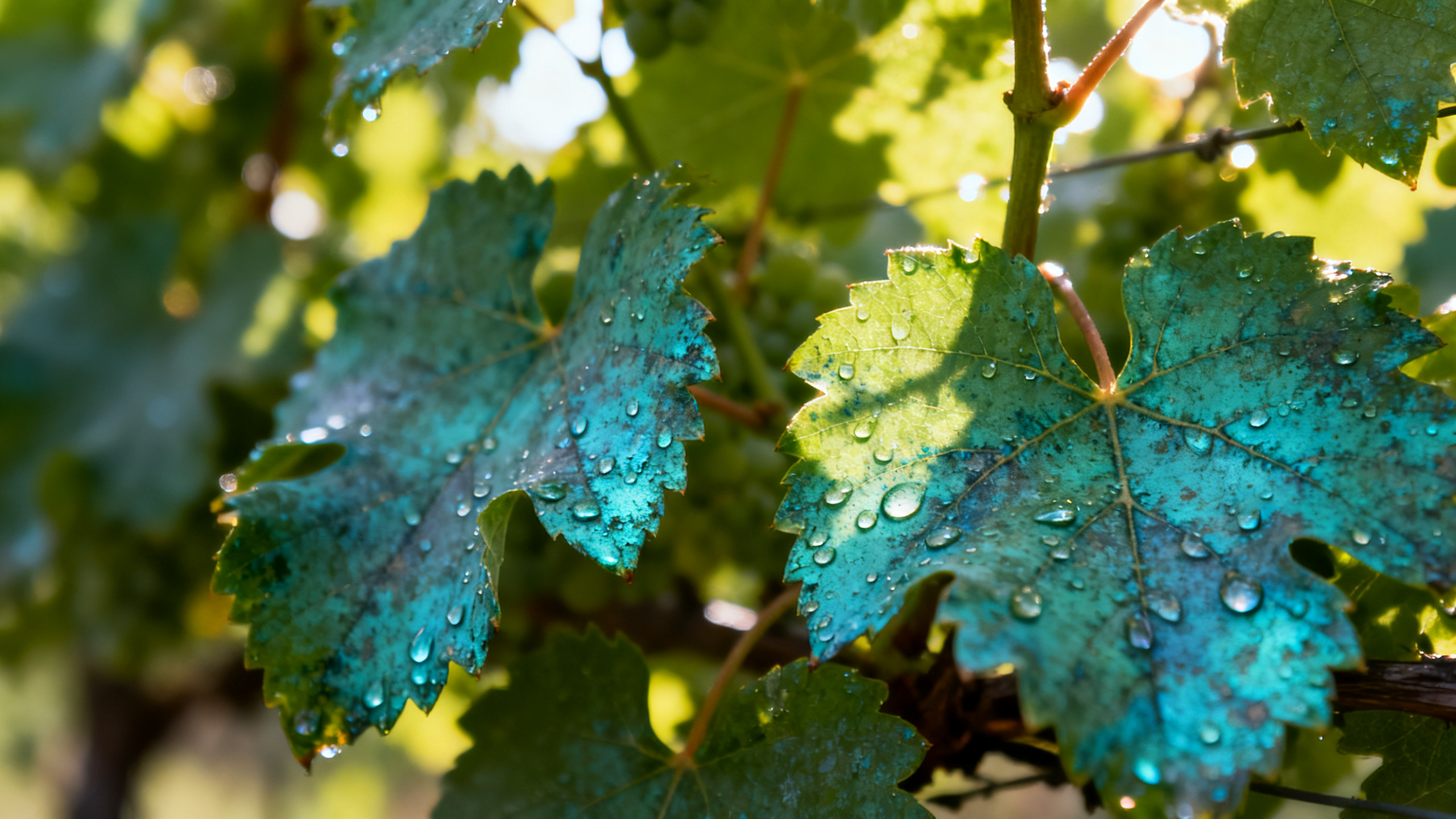 Feuilles de vigne recouvertes de résidu bleu-vert de sulfate de cuivre (bouillie bordelaise) pour lutter contre le mildiou
