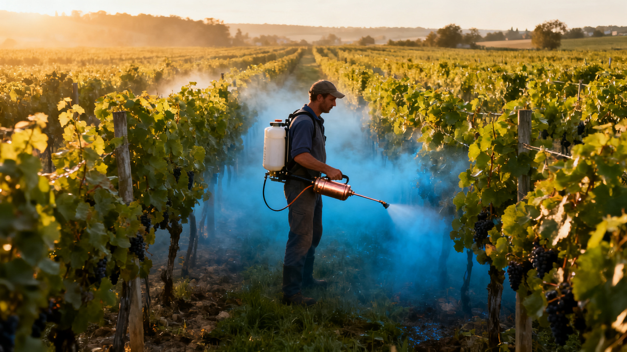 Vigneron qui traite ses vignes avec un pulvérisateur de sulfate de cuivre (bouillie bordelaise), rangées de vignes en France