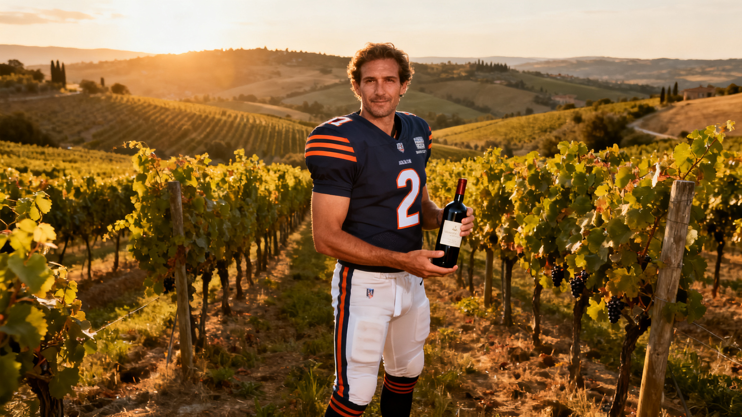 Vigneron français en tenue de foot dans un vignoble toscan - VInoEuro 2026