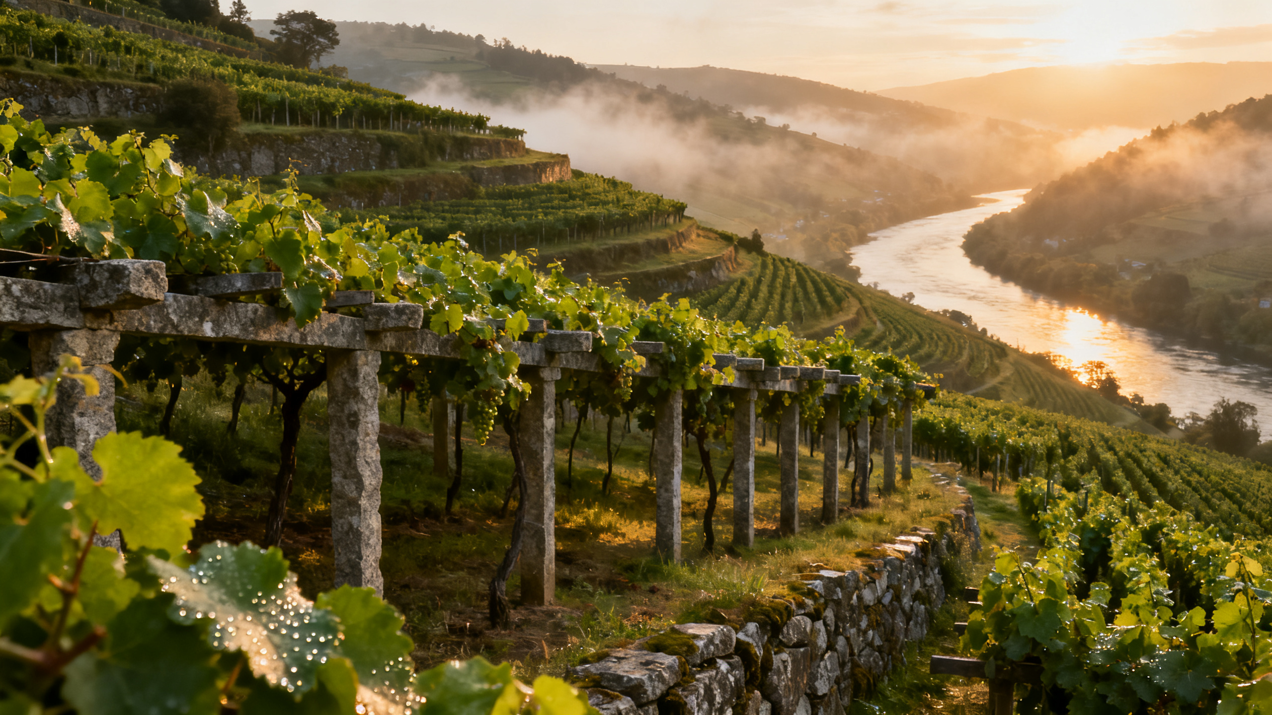 Vignoble Vinho Verde avec pergolas granitiques traditionnelles (latada) dans la vallée du Minho, Portugal