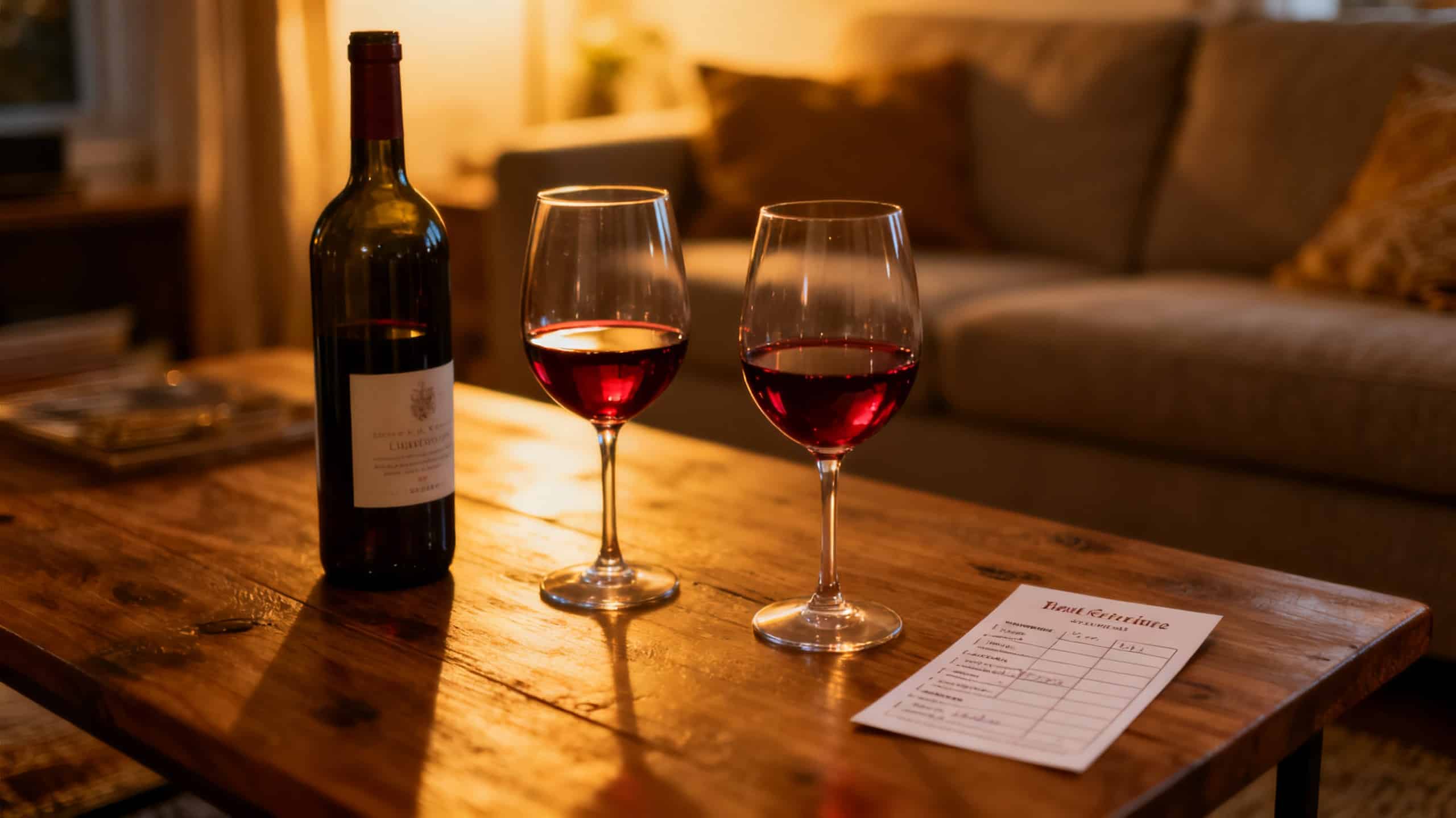 Dégustation vin à domicile : verres de vin rouge avec carnet de notes