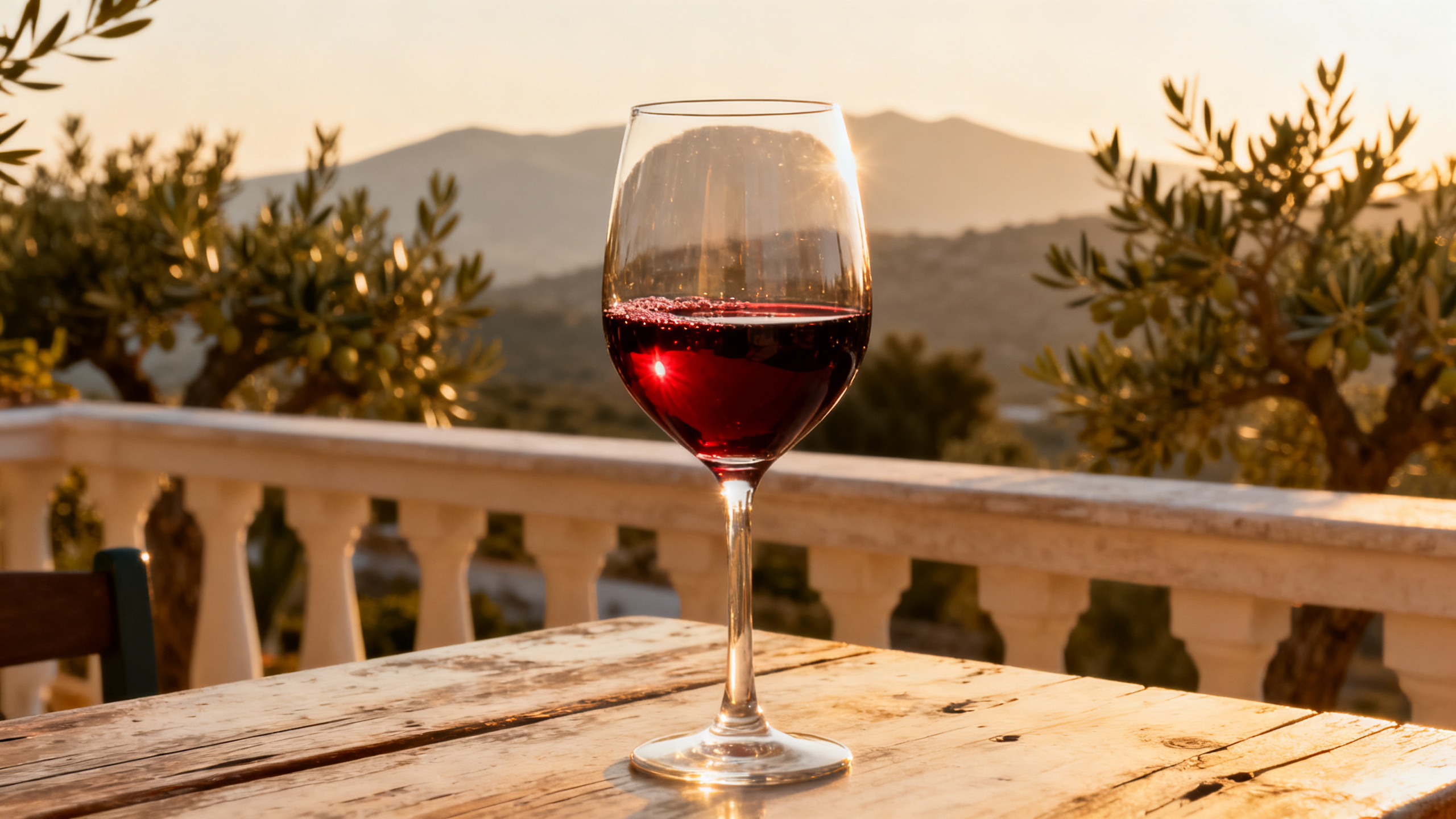 Verre de Nemea rouge, cépage Agiorgitiko, terrasse grecque avec vue sur le Péloponnèse