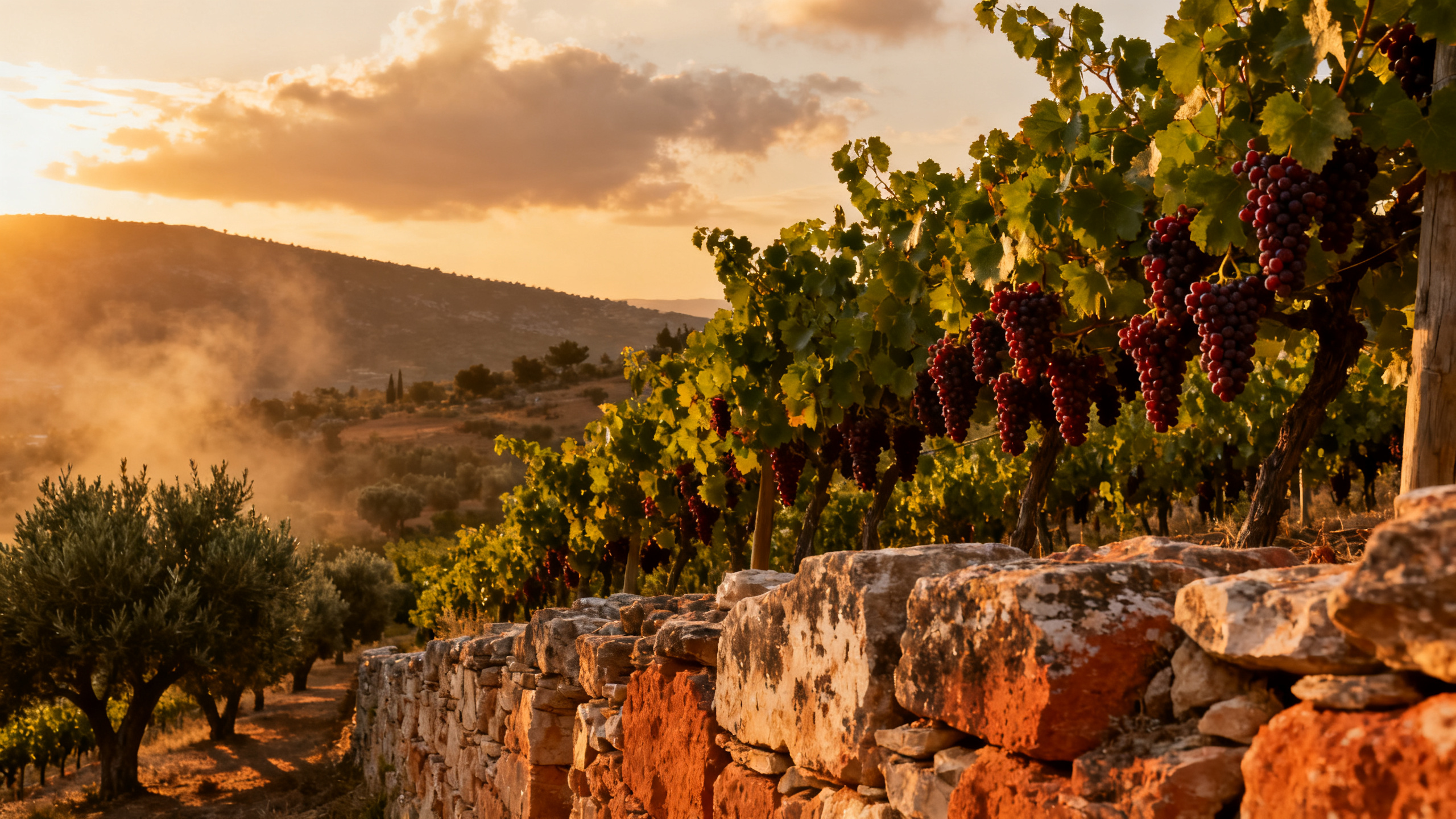 Vignoble de Nemea au Péloponnèse avec grappes de raisins Agiorgitiko mûres