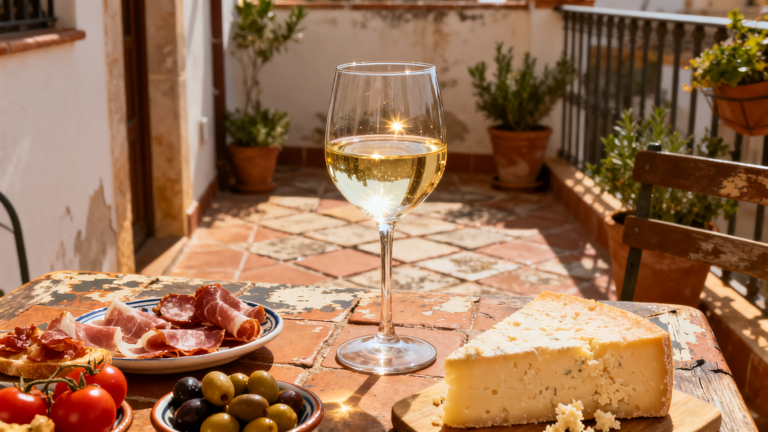 Verre de vin blanc Airén servi avec tapas manchego sur une terrasse espagnole
