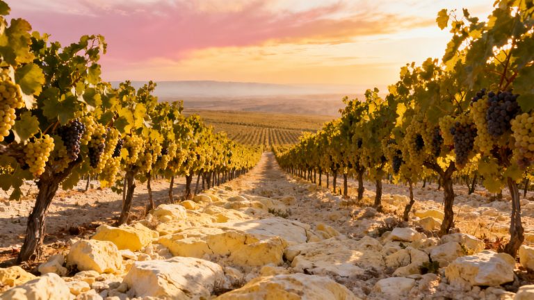 Vignoble Airén dans la plaine de La Mancha en Espagne, à la lumière dorée