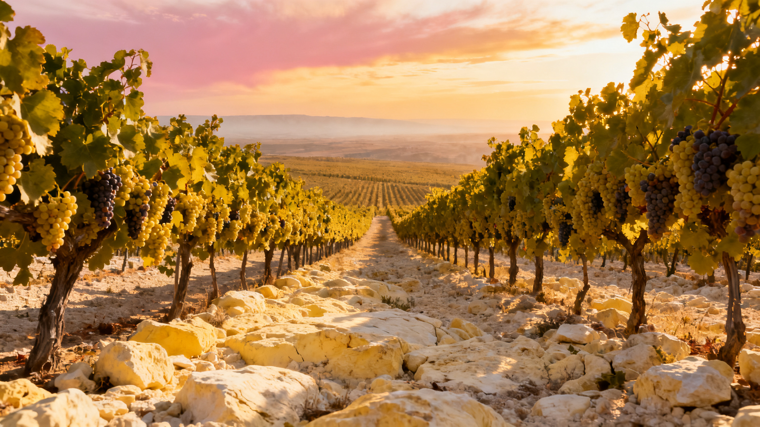 Vignoble Airén dans la plaine de La Mancha en Espagne, à la lumière dorée