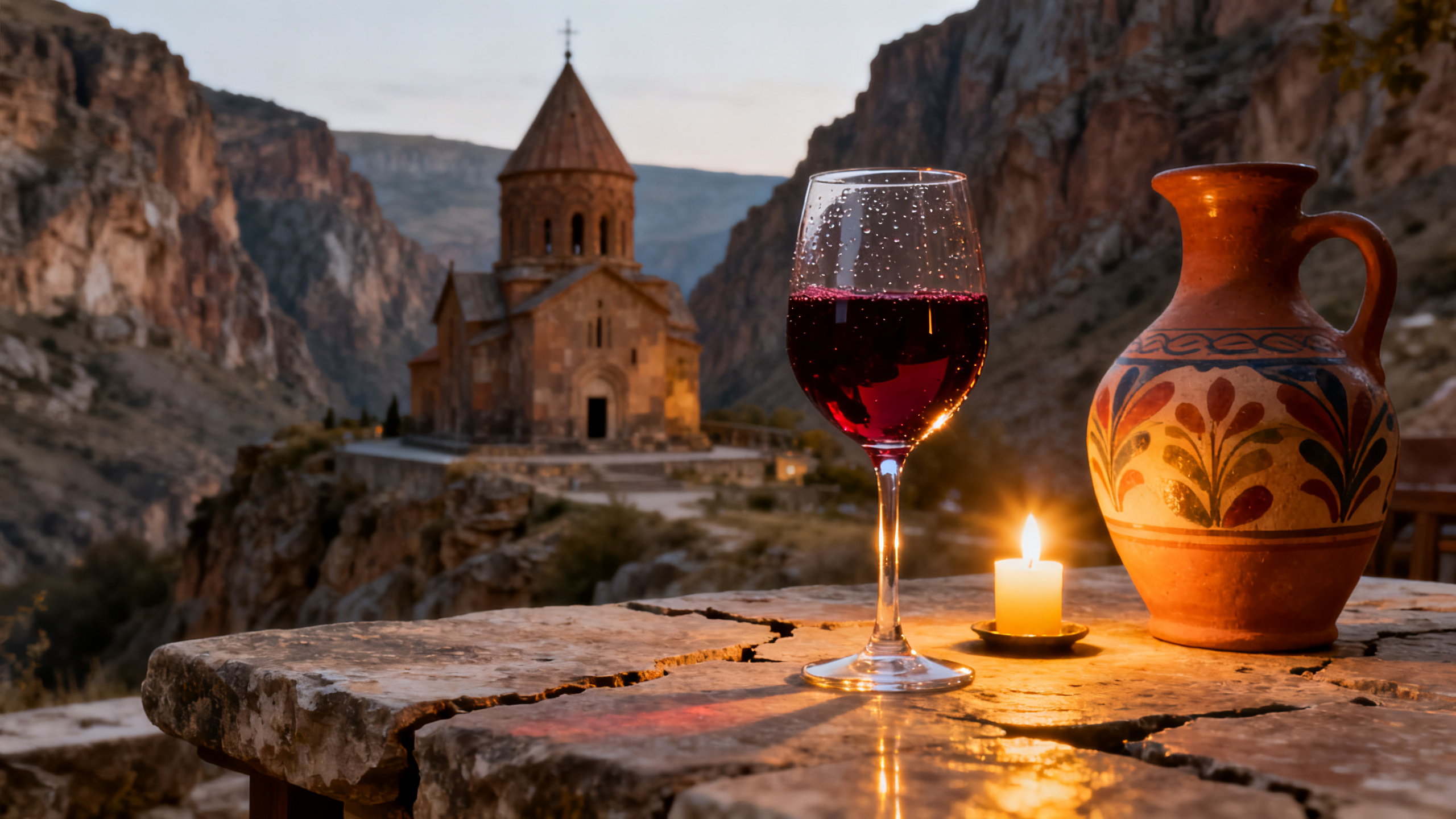 Verre de vin Areni Noir arménien, amphore qvevri, monastère de Noravank