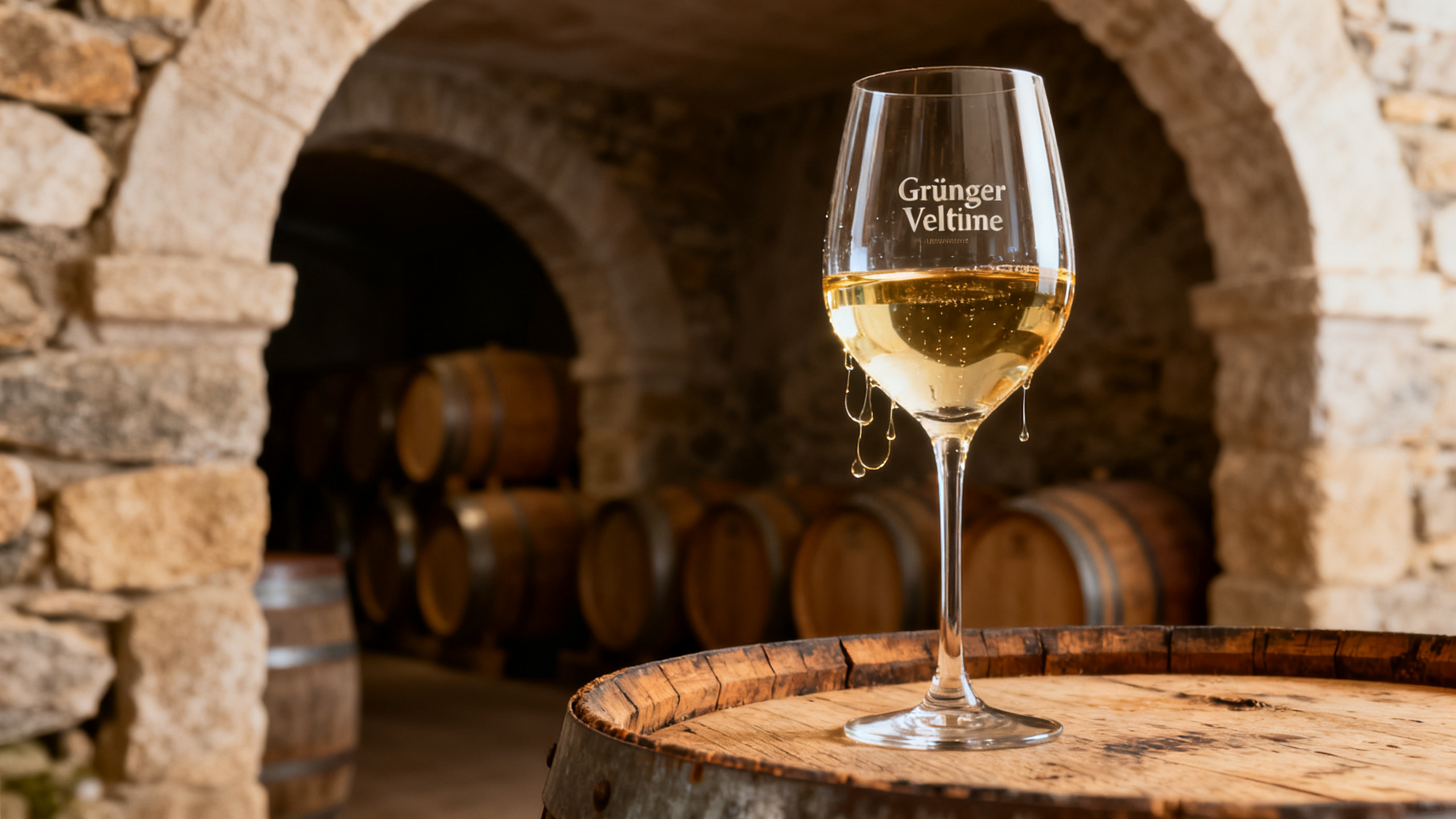 Verre de vin blanc Grüner Veltliner autrichien dans une cave en pierres