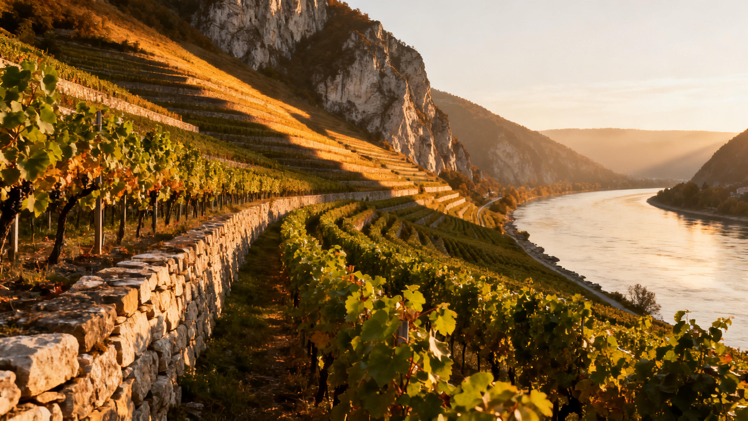 Vignobles autrichiens en terrasses dans la vallée de la Wachau au coucher du soleil