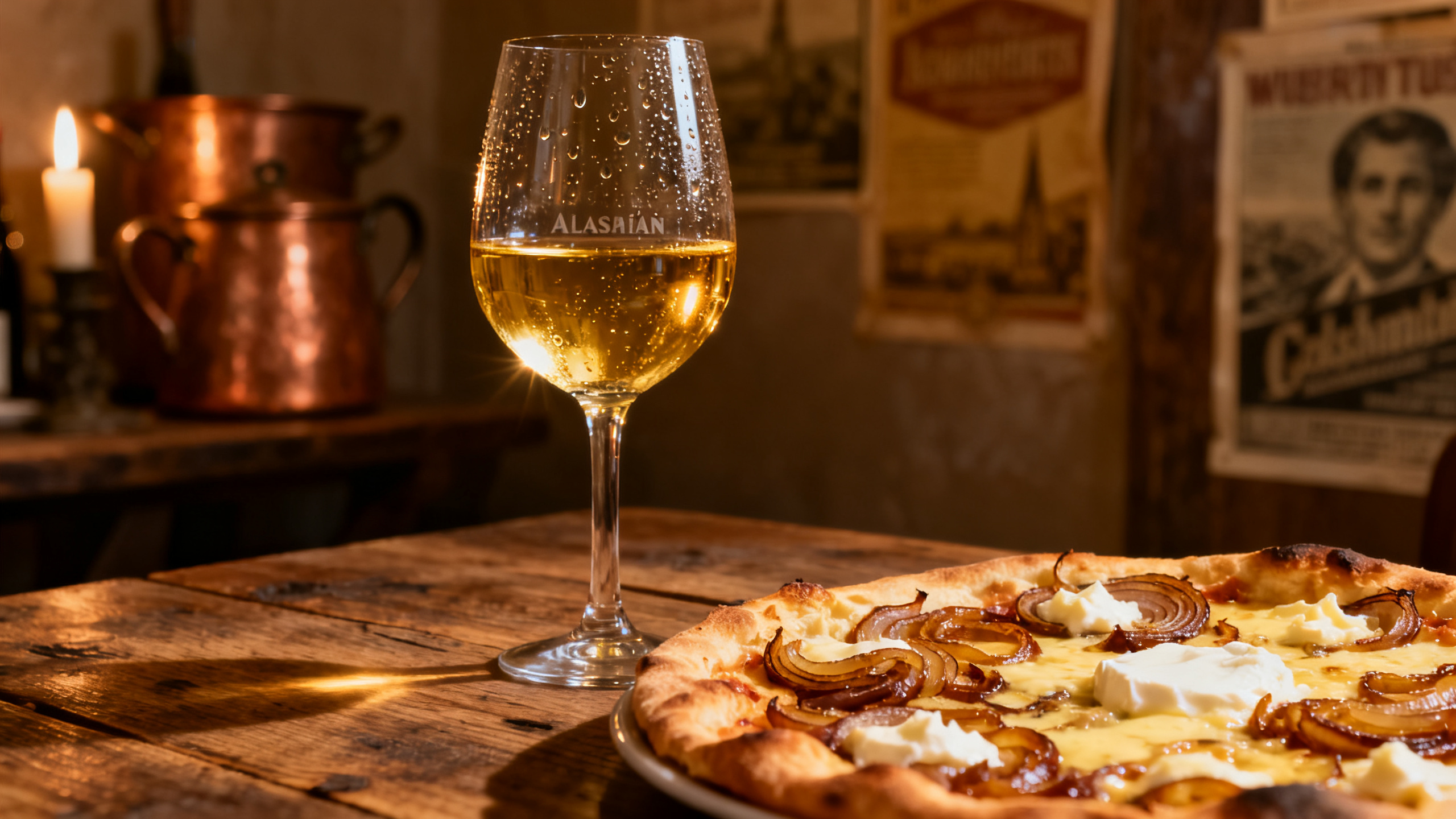 Verre de vin blanc Auxerrois accompagné d'une tarte flambée alsacienne, atmosphère winstub chaleureuse