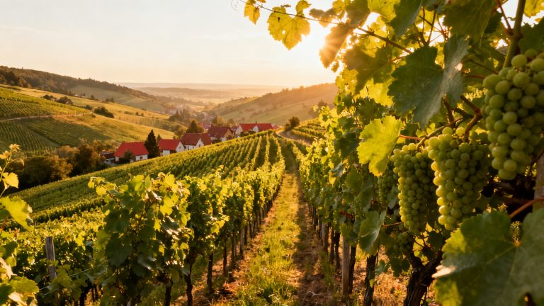 Rangées de vignes Auxerrois en Alsace sous la lumière dorée