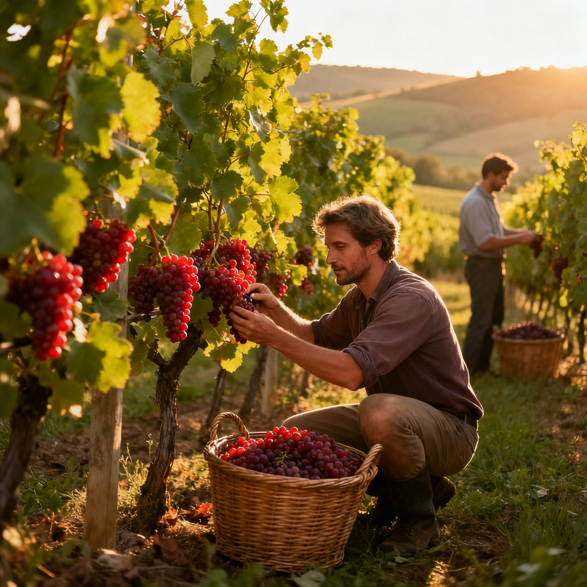 Vendangeurs récoltant les raisins à la main pendant les vendanges 2026 en France