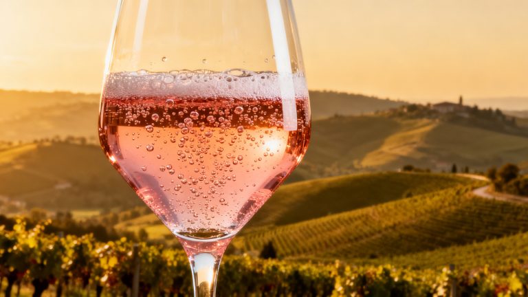 Brachetto : Guide Complet du Cépage Pétillant du Piémont (Acqui DOCG) Verre de Brachetto d'Acqui pétillant rosé, bulles délicates, vignoble du Monferrato en arrière-plan