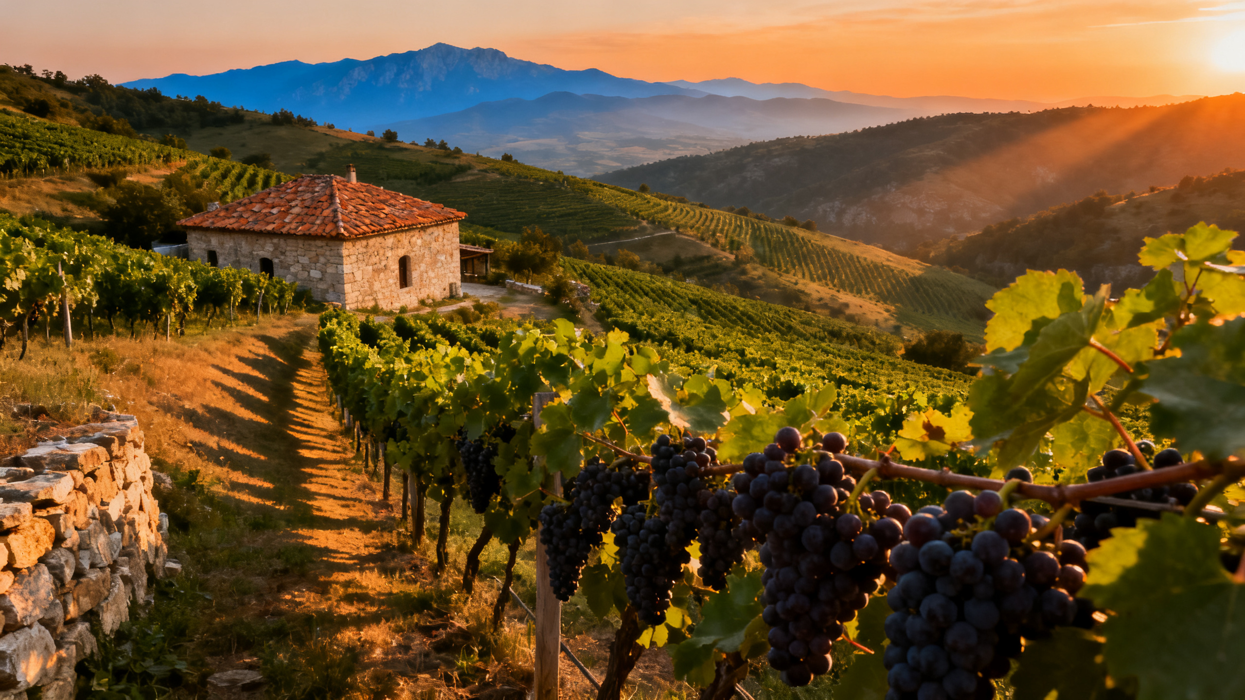 Vignoble bulgare en Thrace, collines de vignes, montagnes des Rhodopes